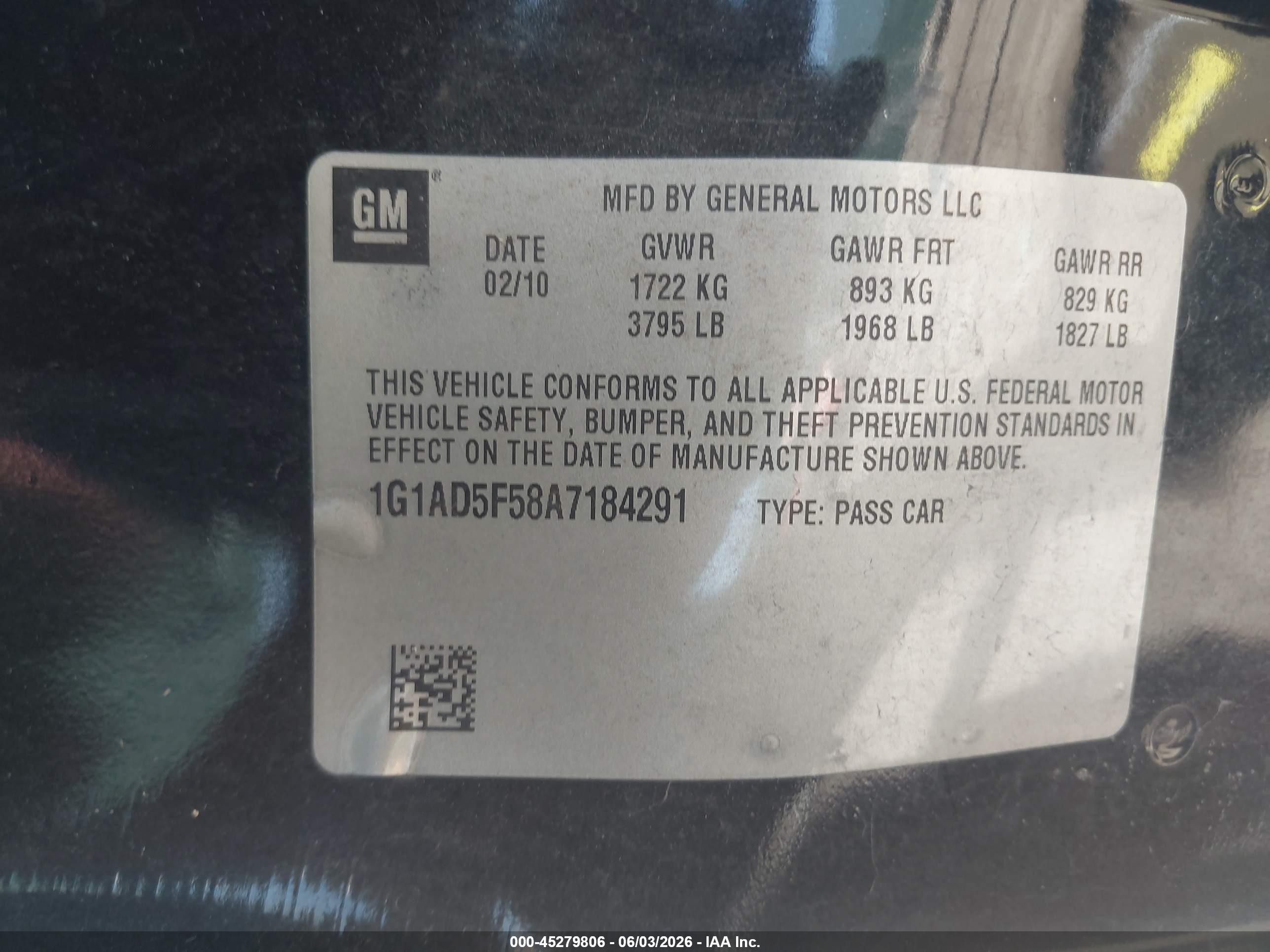 2010 Chevrolet Cobalt Lt Black vin: 1G1AD5F58A7184291
