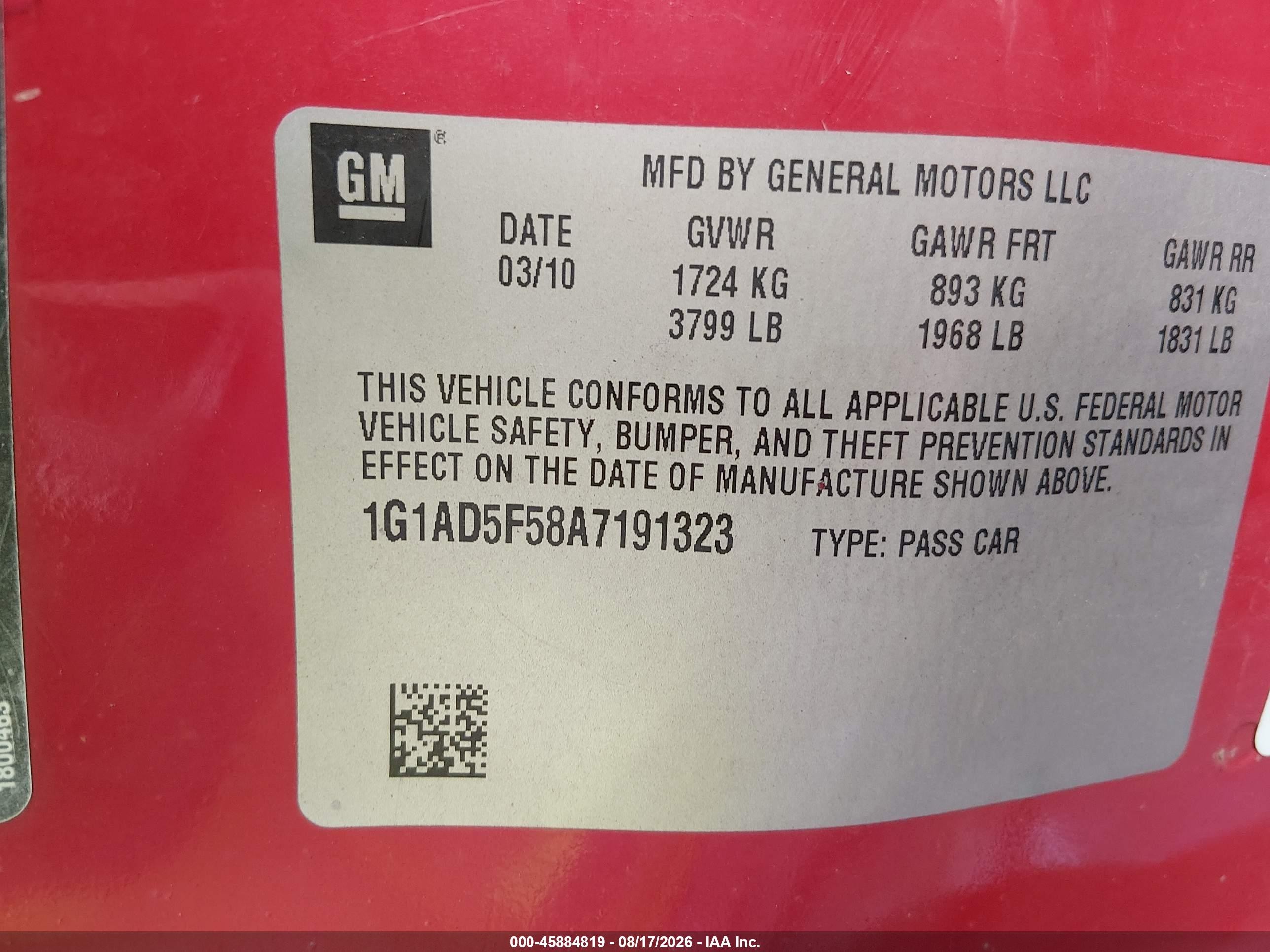 2010 Chevrolet Cobalt Lt Red vin: 1G1AD5F58A7191323