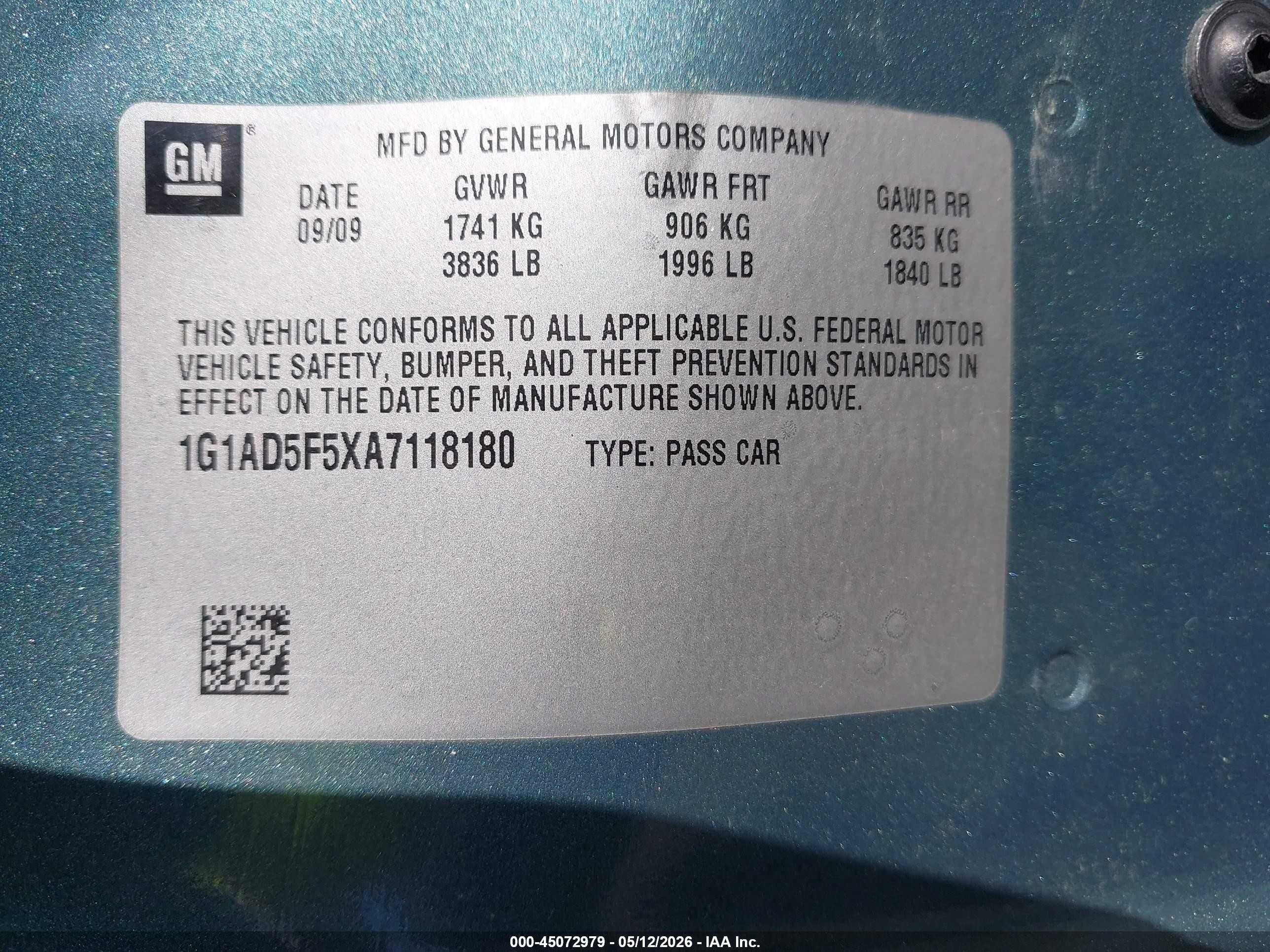 2010 Chevrolet Cobalt Lt Light Blue vin: 1G1AD5F5XA7118180