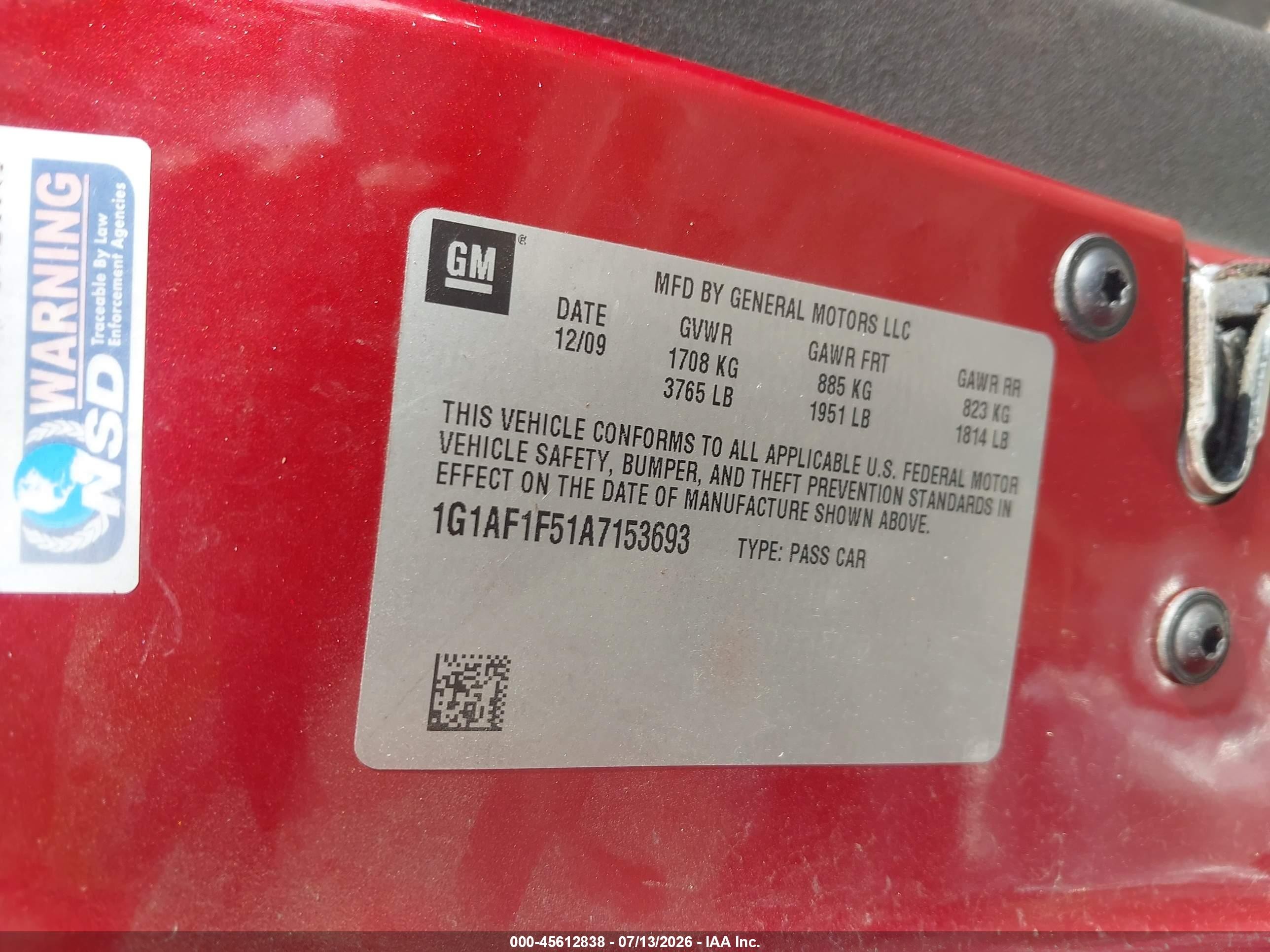 2010 Chevrolet Cobalt Lt Red vin: 1G1AF1F51A7153693