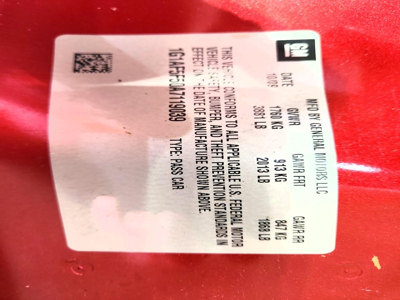 2010 Chevrolet Cobalt 2lt Red vin: 1G1AF5F50A7119039