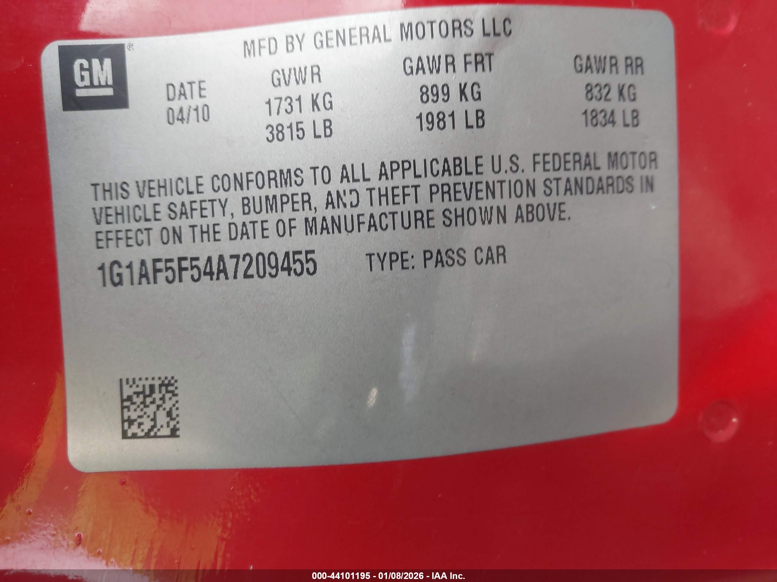 2010 Chevrolet Cobalt Lt Red vin: 1G1AF5F54A7209455