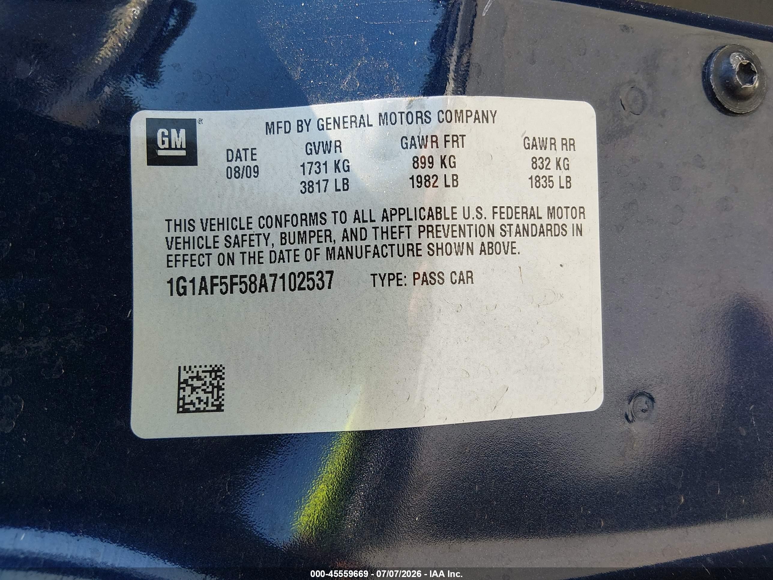 2010 Chevrolet Cobalt Lt Blue vin: 1G1AF5F58A7102537