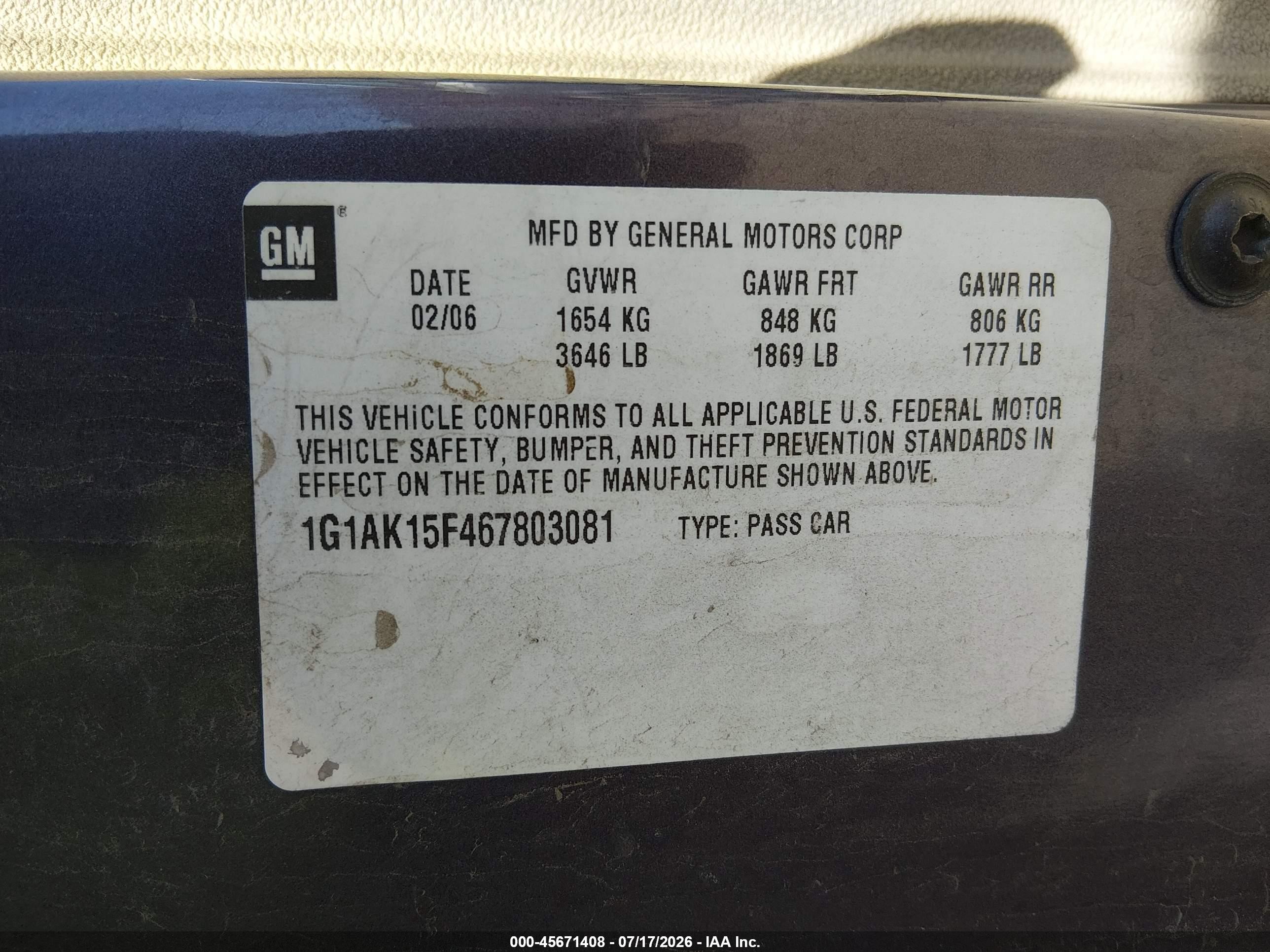 2006 Chevrolet Cobalt Ls Purple vin: 1G1AK15F467803081
