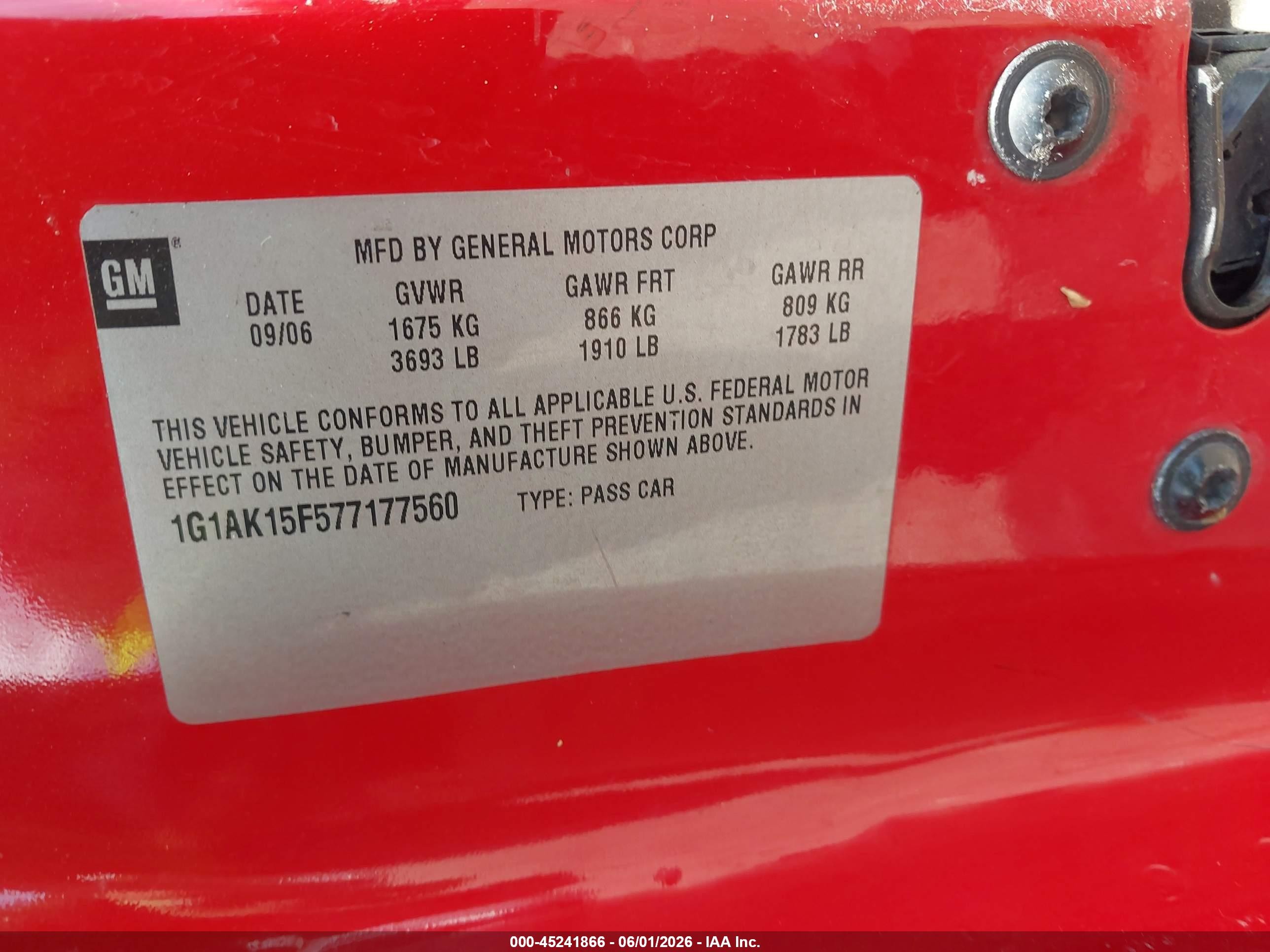 2007 Chevrolet Cobalt Ls Red vin: 1G1AK15F577177560