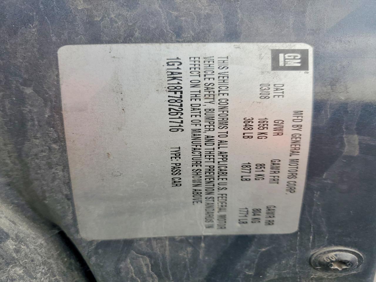 2008 Chevrolet Cobalt Ls Blue vin: 1G1AK18F787261716