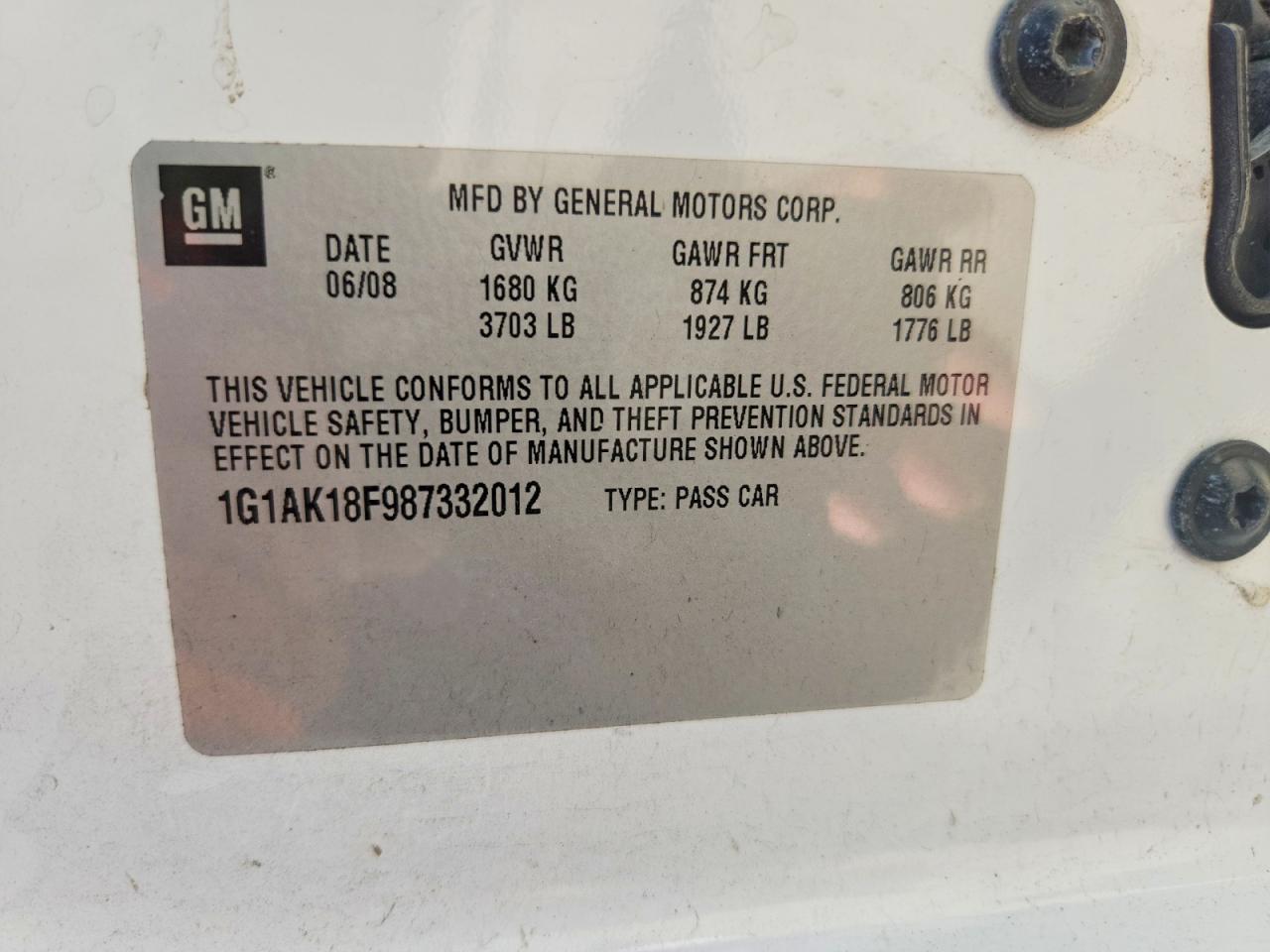 2008 Chevrolet Cobalt White vin: 1G1AK18F987332012