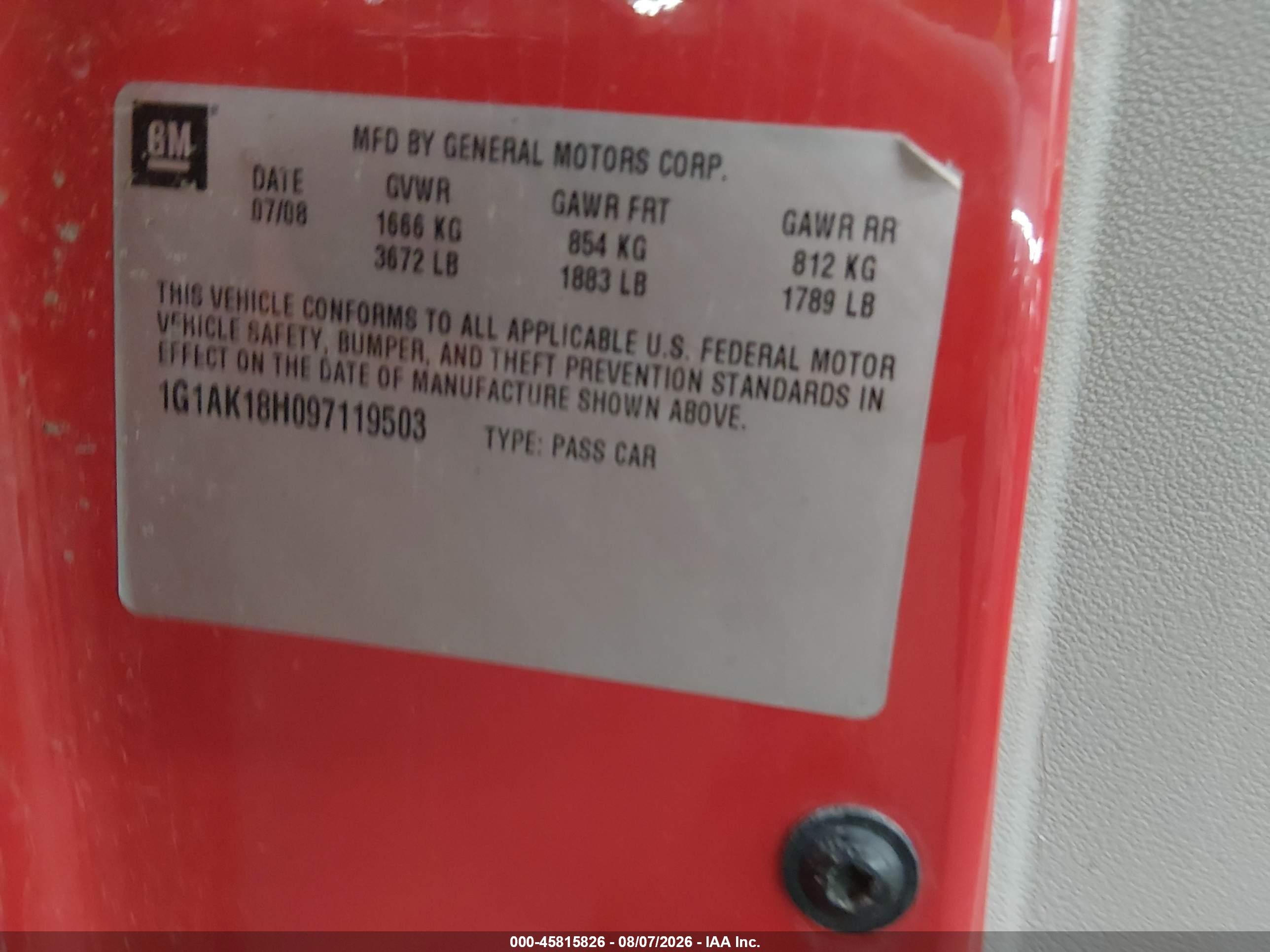 2009 Chevrolet Cobalt Ls Red vin: 1G1AK18H097119503