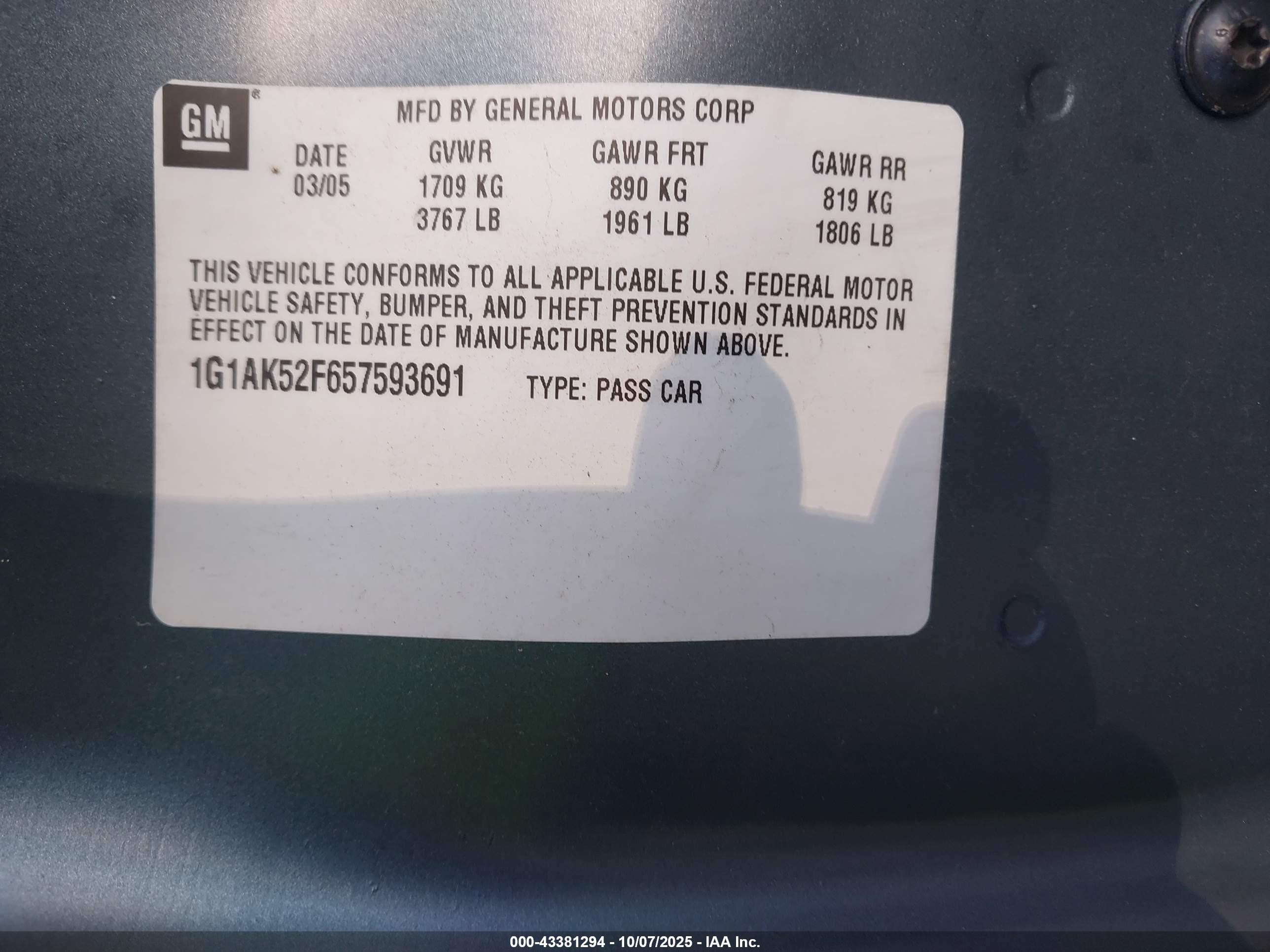 2005 Chevrolet Cobalt   Teal vin: 1G1AK52F657593691