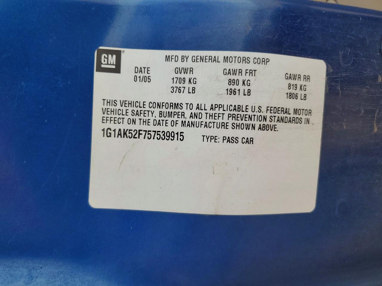 2005 Chevrolet Cobalt Blue vin: 1G1AK52F757539915