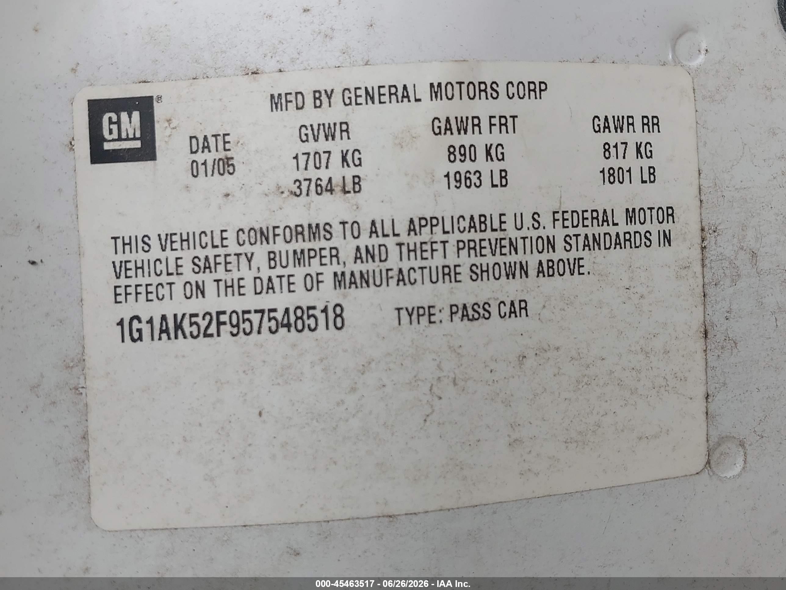 2005 Chevrolet Cobalt   White vin: 1G1AK52F957548518