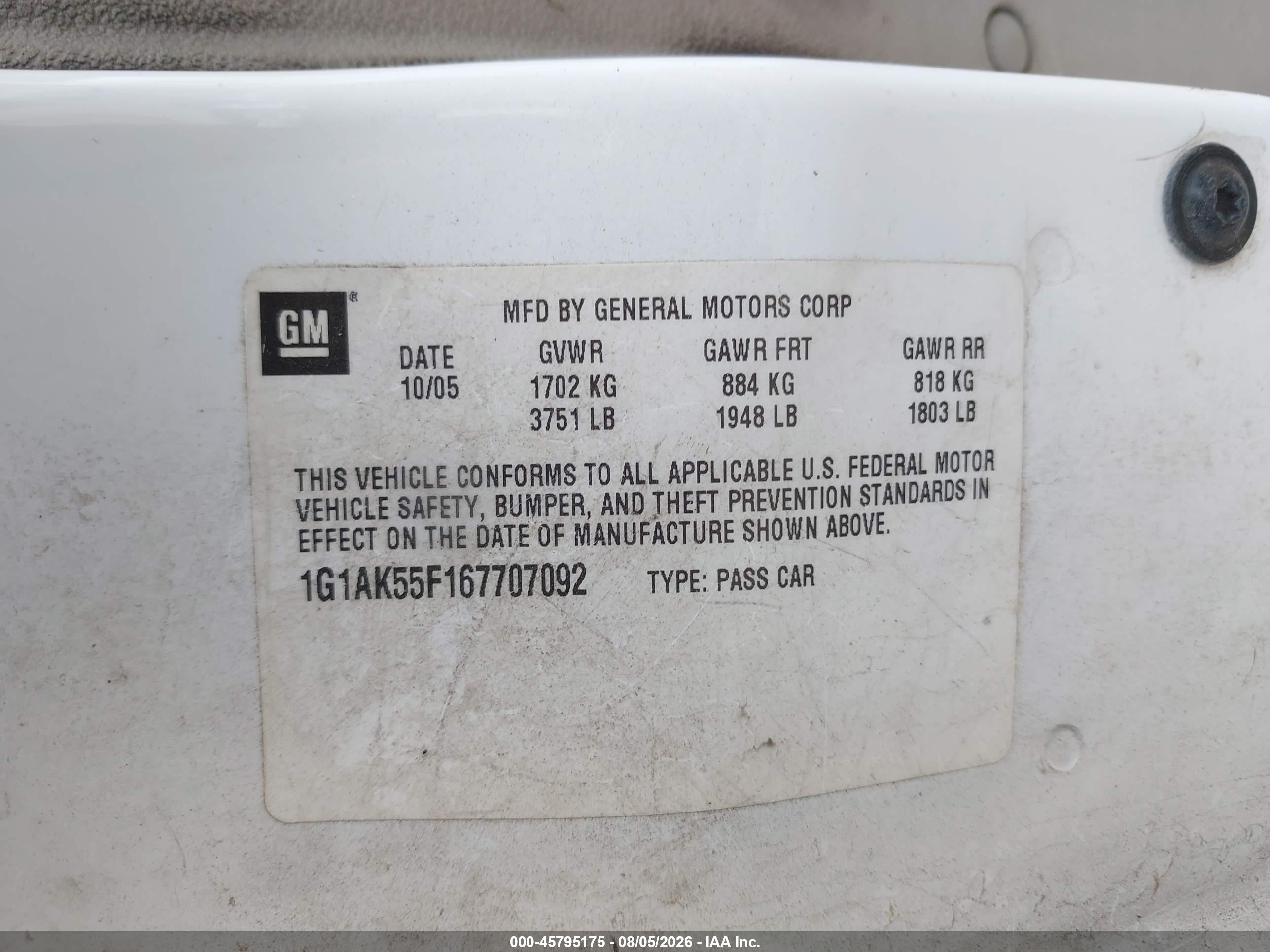 2006 Chevrolet Cobalt Ls White vin: 1G1AK55F167707092