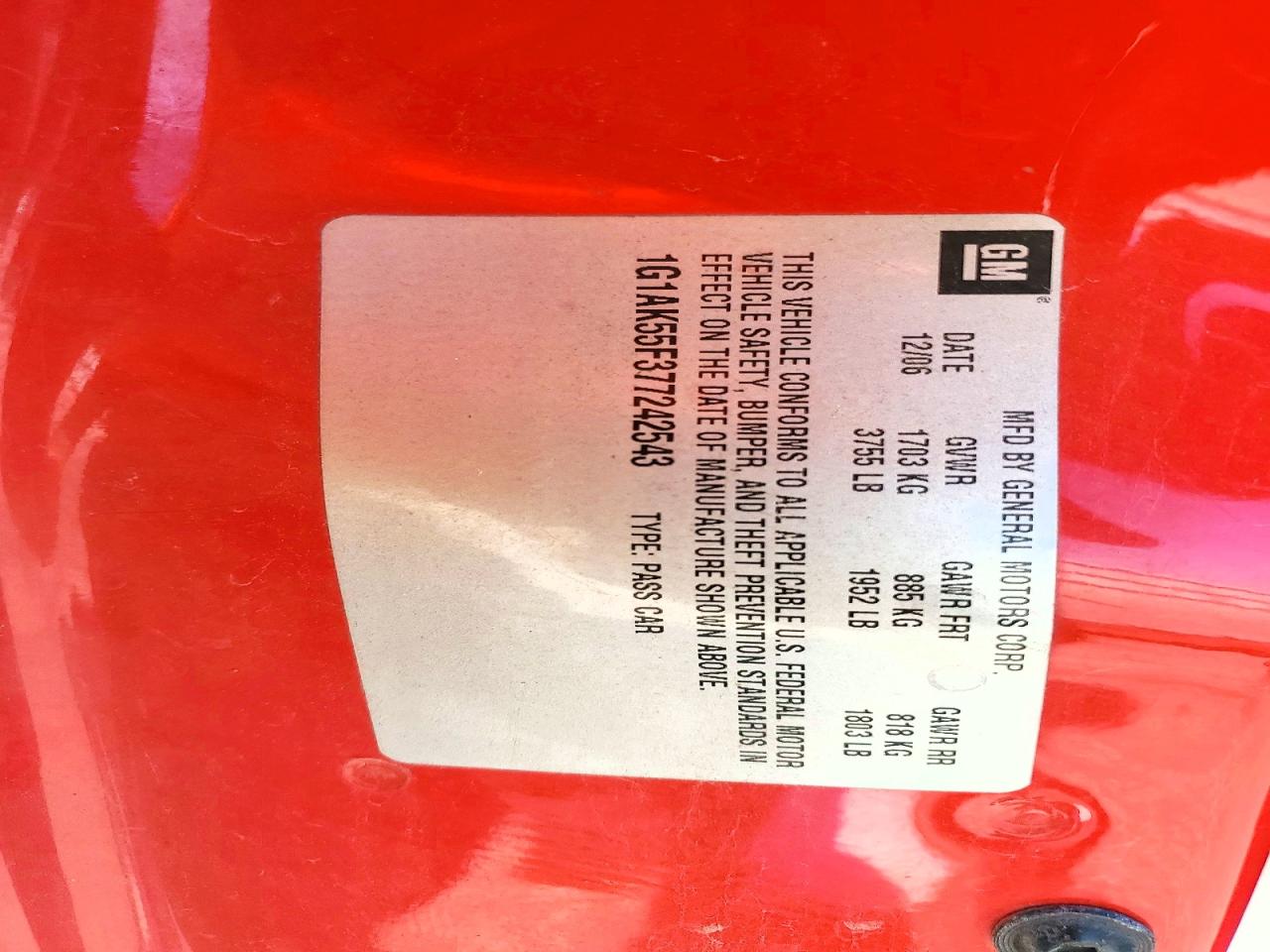 2007 Chevrolet Cobalt Ls Red vin: 1G1AK55F377242543