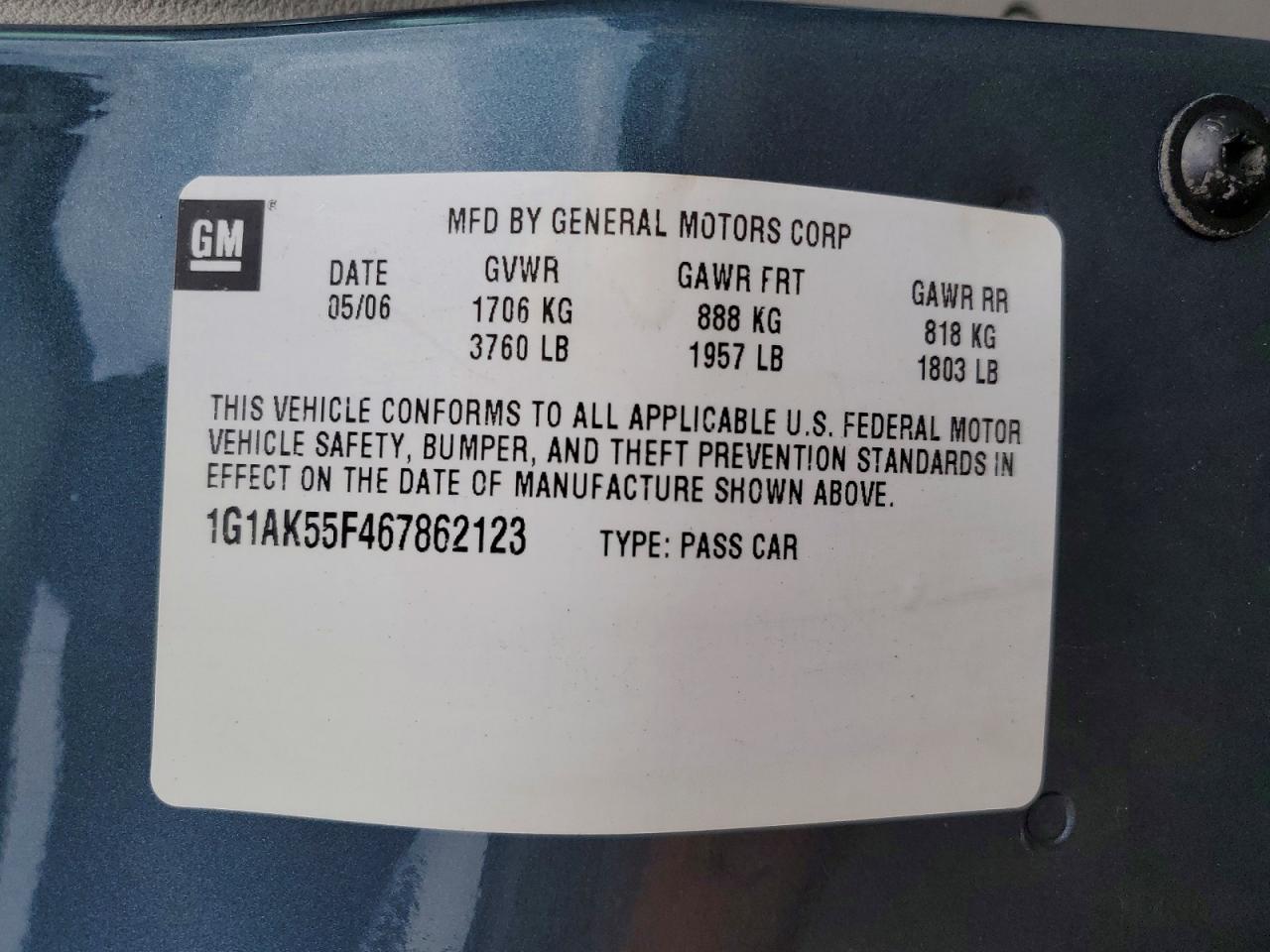 2006 Chevrolet Cobalt Ls Blue vin: 1G1AK55F467862123