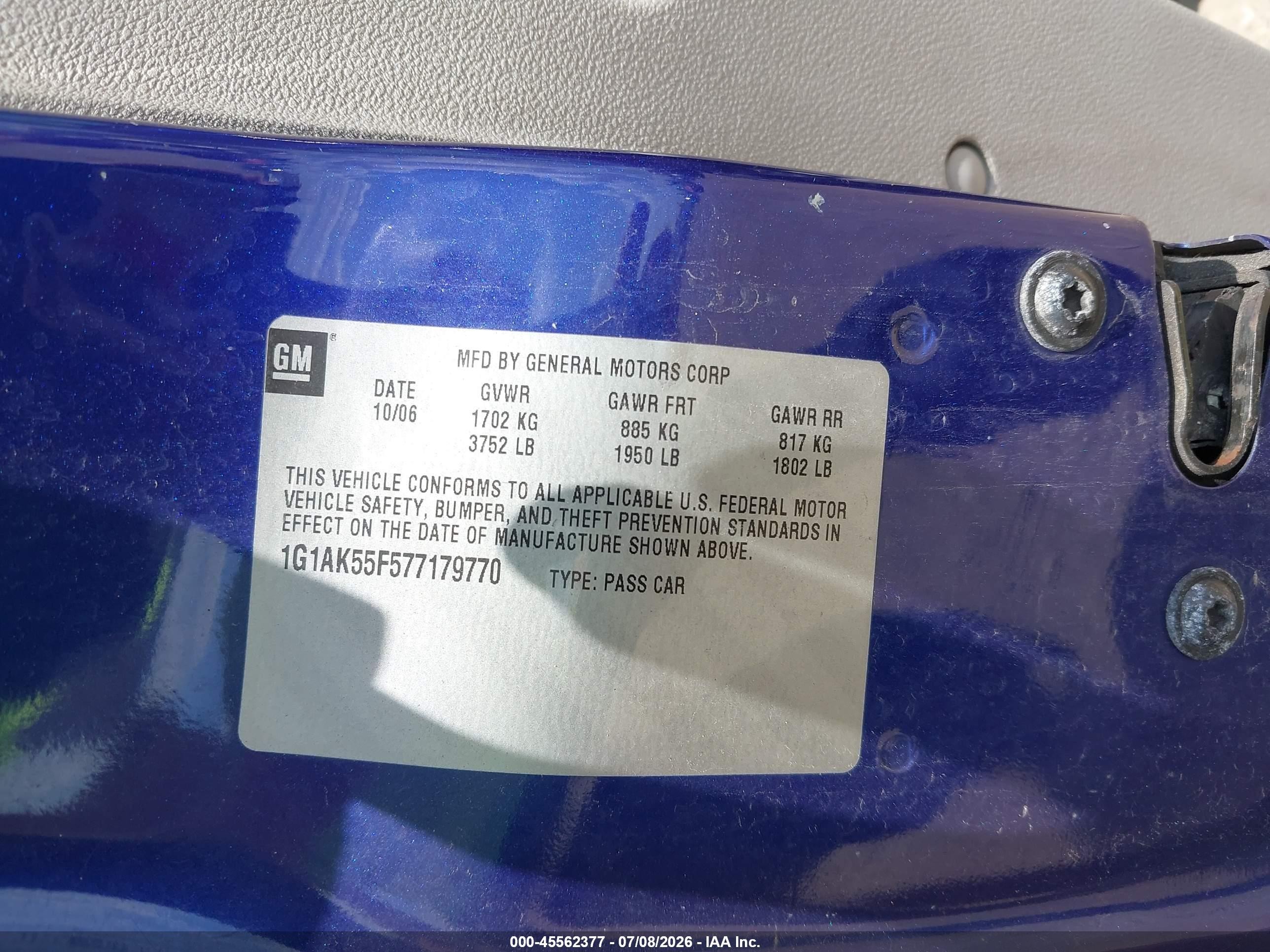 2007 Chevrolet Cobalt Ls Blue vin: 1G1AK55F577179770
