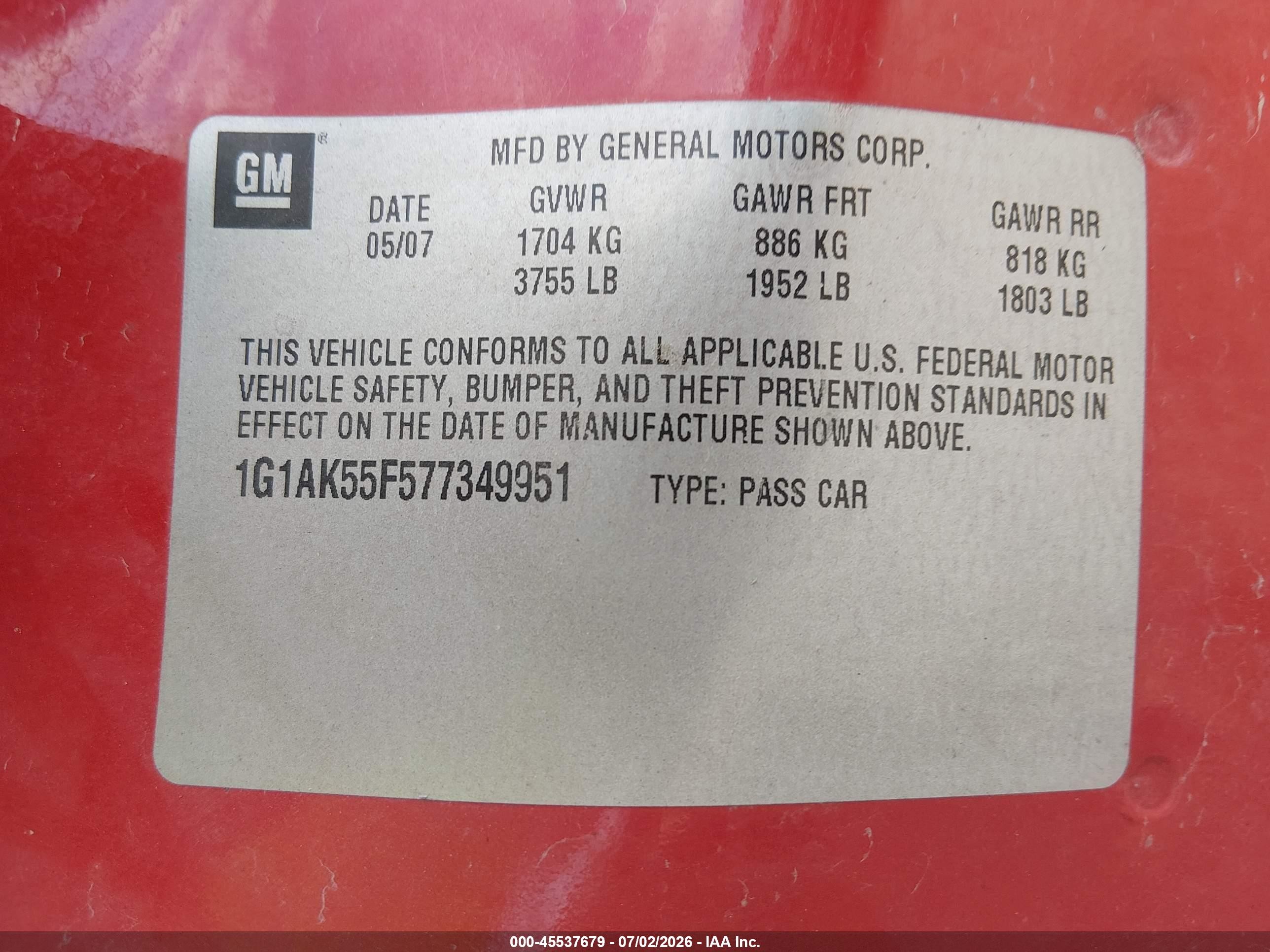 2007 Chevrolet Cobalt Ls Red vin: 1G1AK55F577349951
