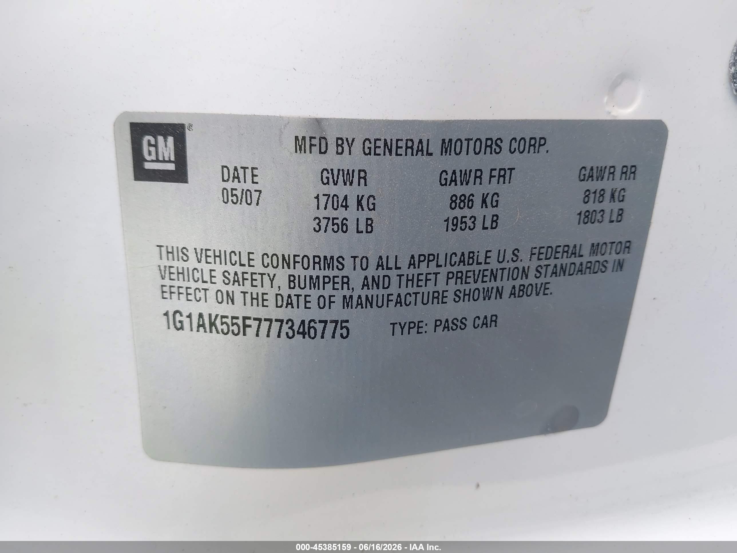 2007 Chevrolet Cobalt Ls White vin: 1G1AK55F777346775