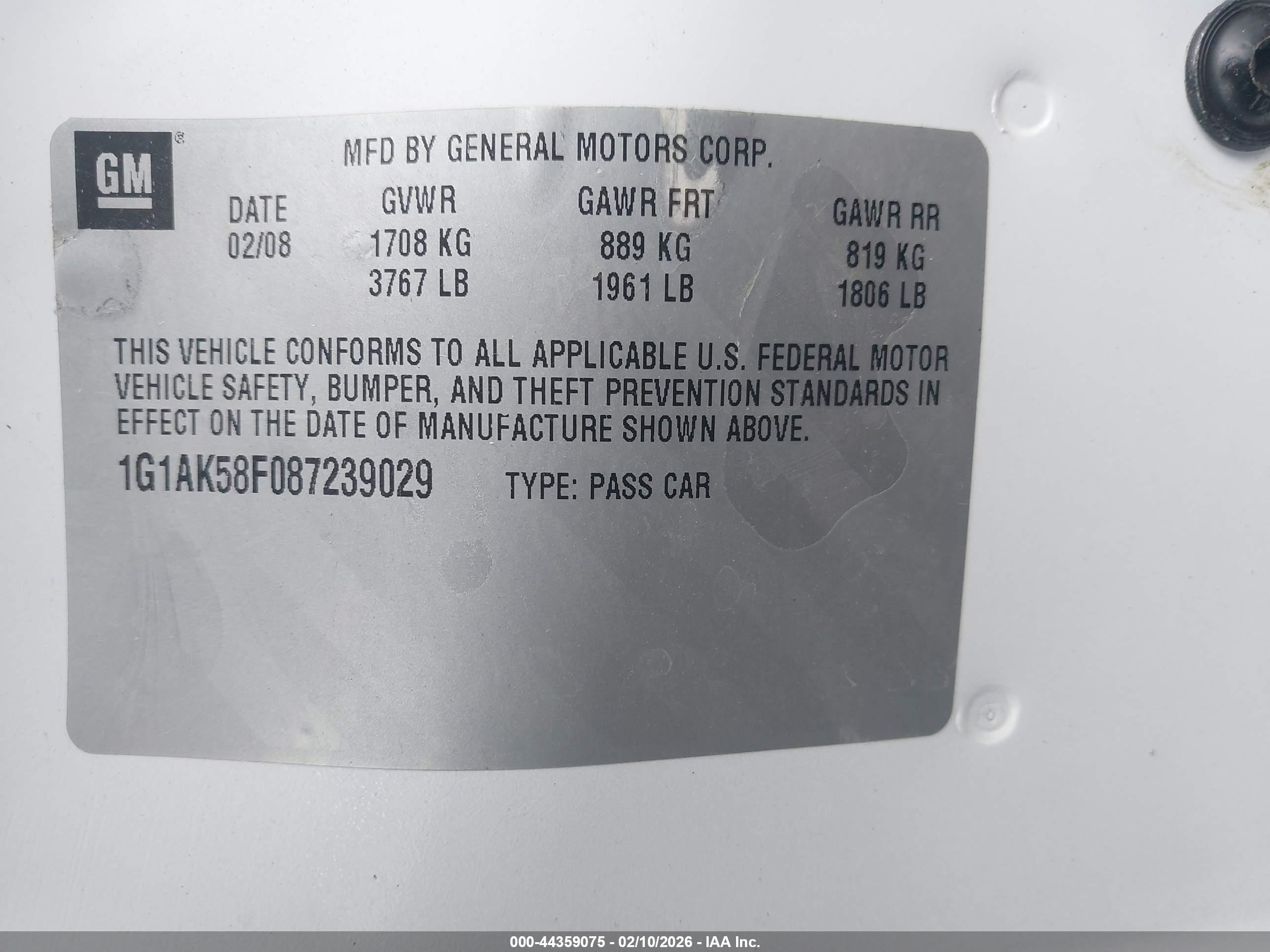 2008 Chevrolet Cobalt Ls White vin: 1G1AK58F087239029