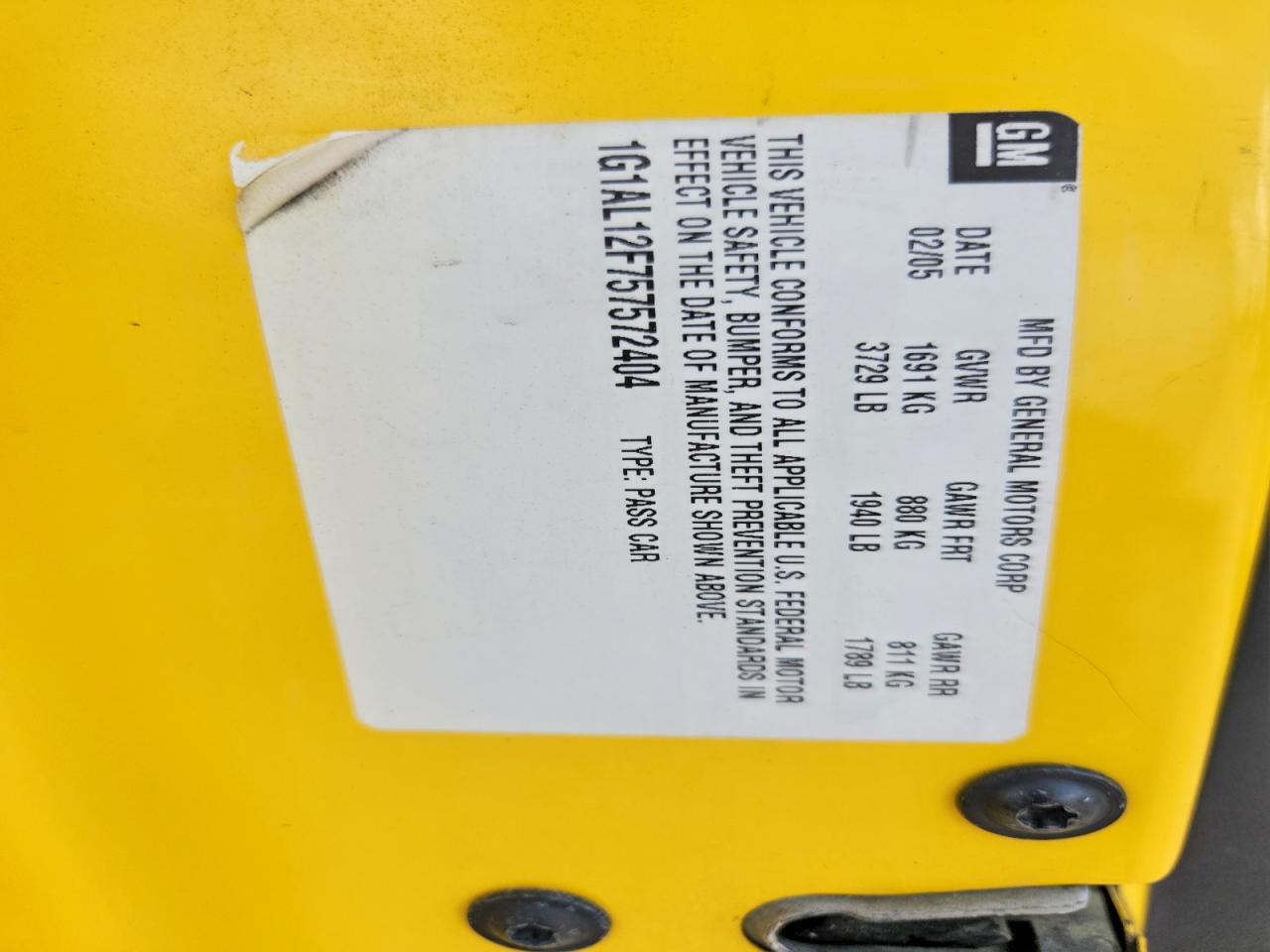 2005 Chevrolet Cobalt Ls Yellow vin: 1G1AL12F757572404