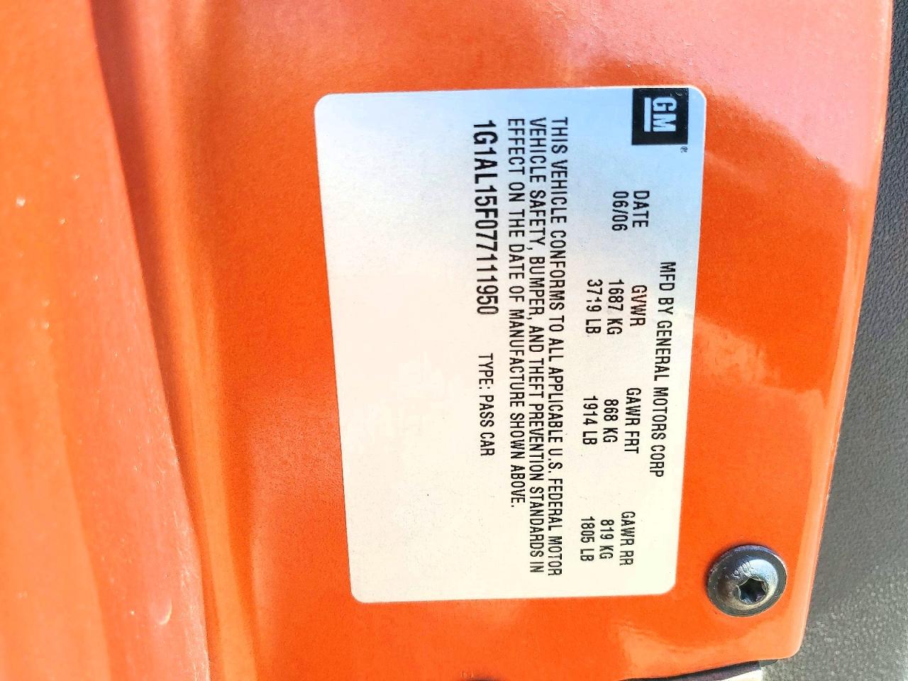 2007 Chevrolet Cobalt Lt Orange vin: 1G1AL15F077111950