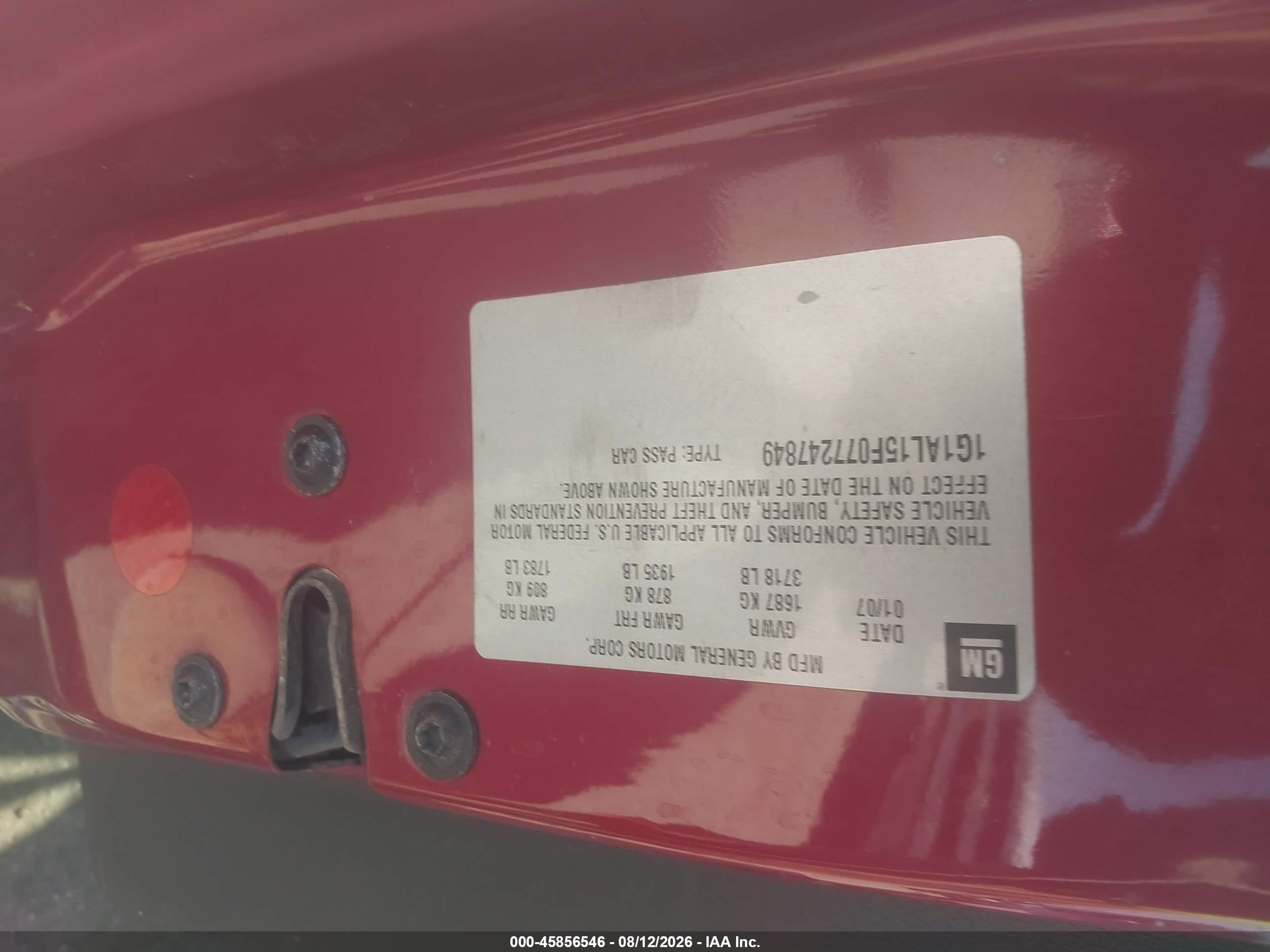 2007 Chevrolet Cobalt Lt Red vin: 1G1AL15F077247849
