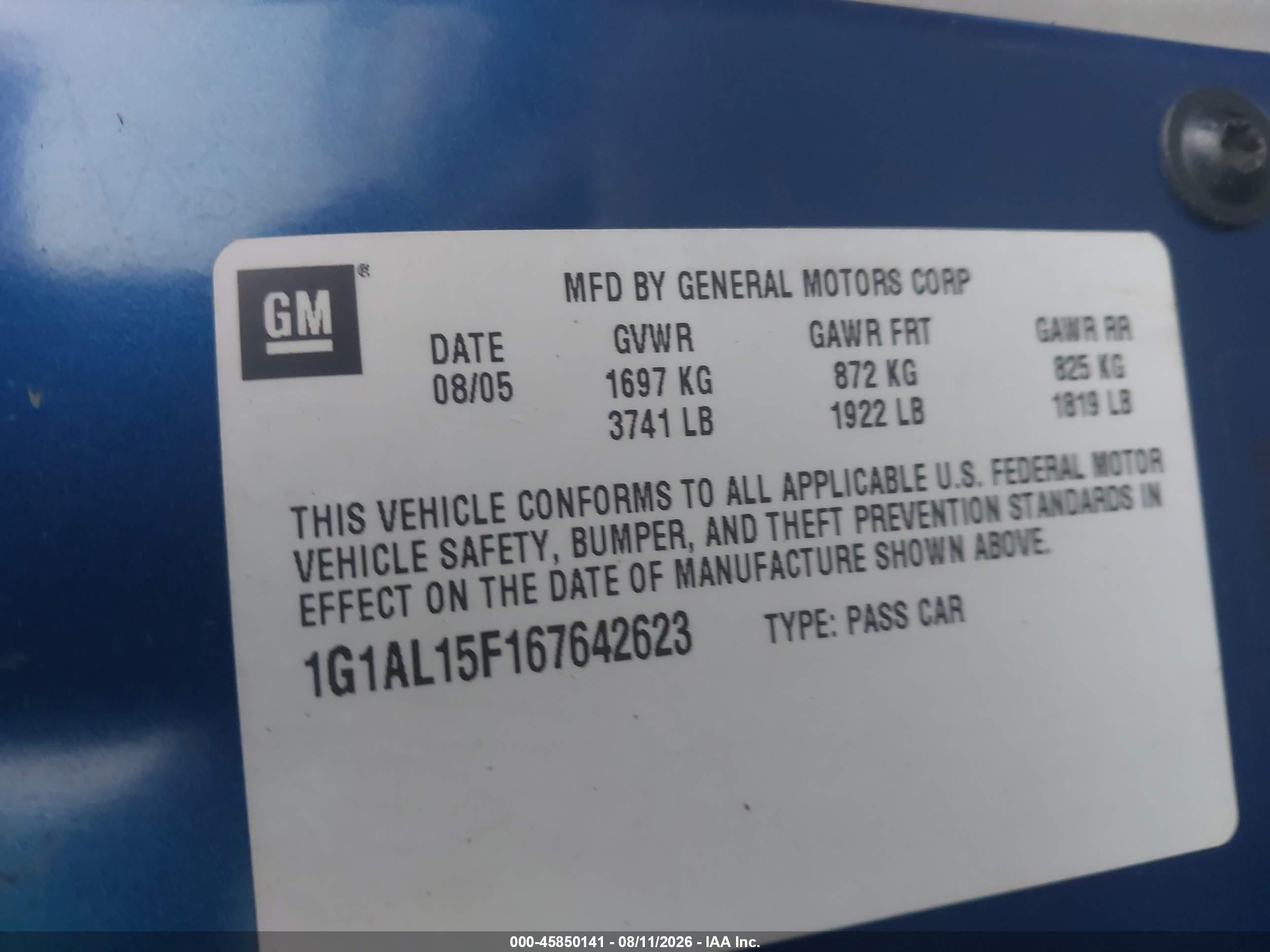 2006 Chevrolet Cobalt Lt Blue vin: 1G1AL15F167642623