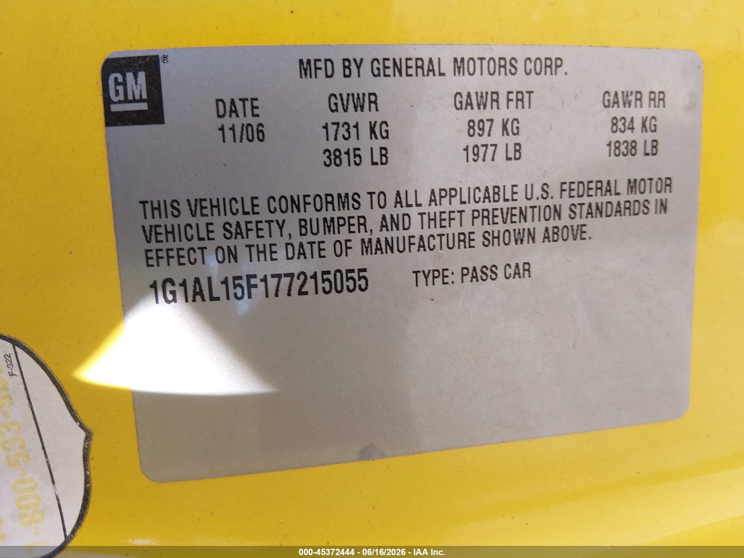 2007 Chevrolet Cobalt Lt Yellow vin: 1G1AL15F177215055
