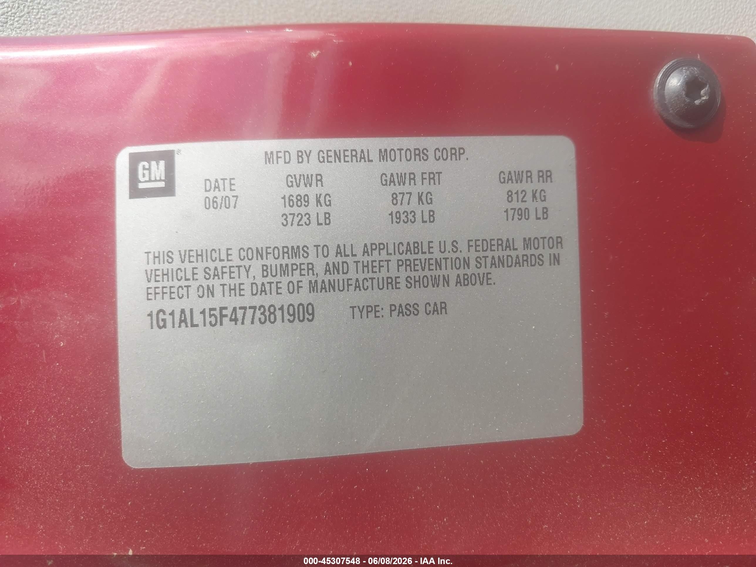 2007 Chevrolet Cobalt Lt Red vin: 1G1AL15F477381909