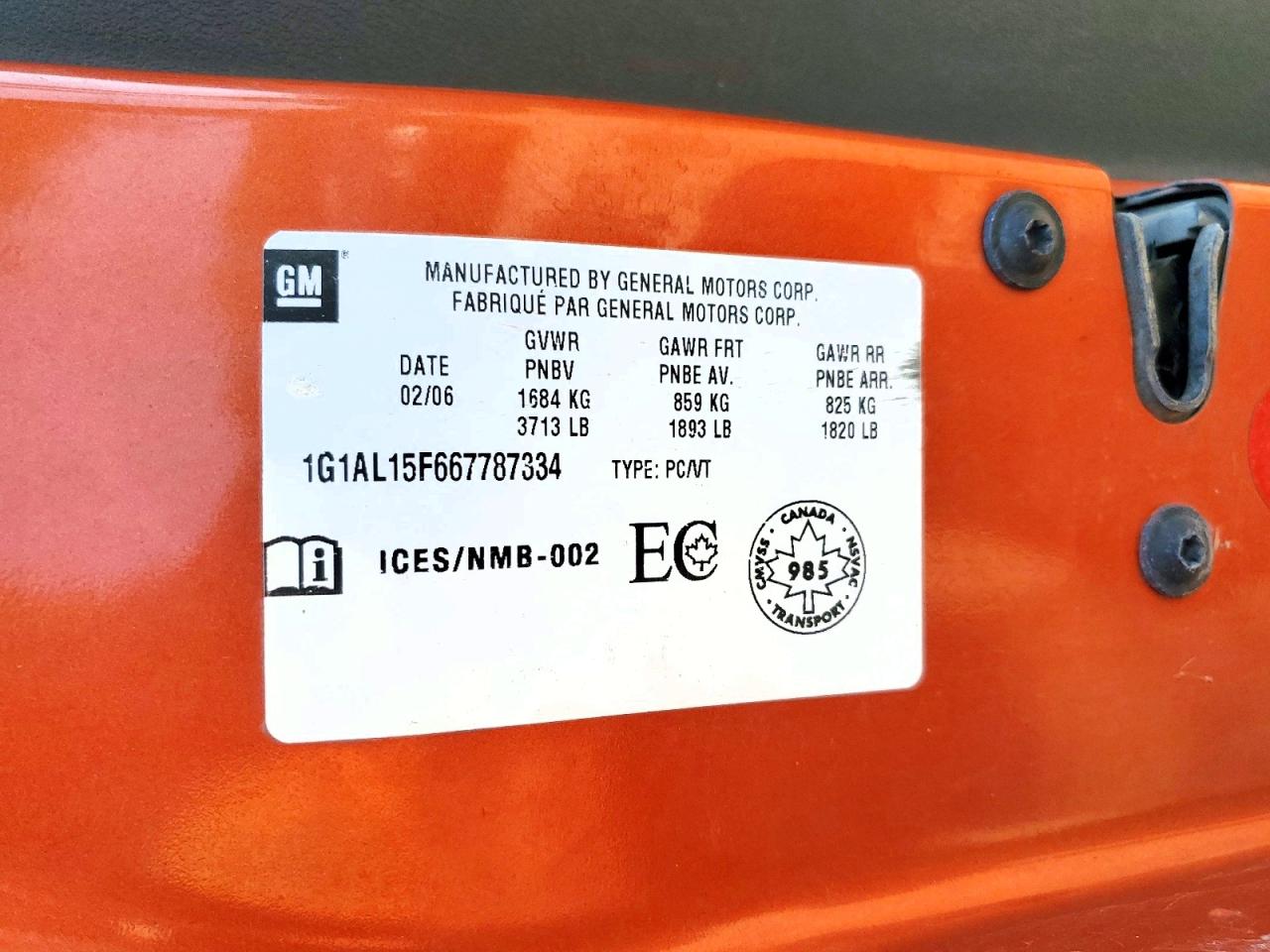 2006 Chevrolet Cobalt Lt Orange vin: 1G1AL15F667787334