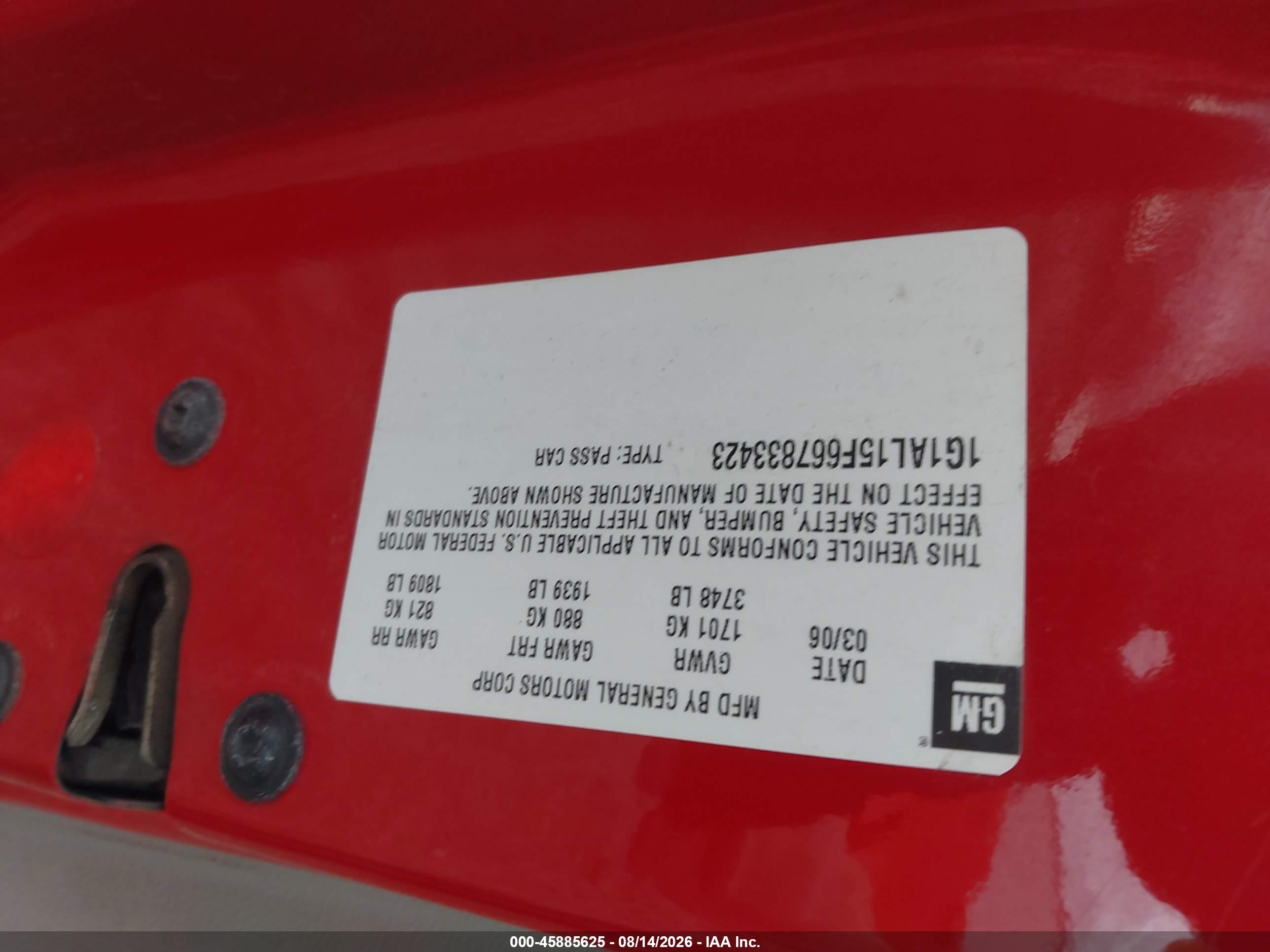 2006 Chevrolet Cobalt Lt Red vin: 1G1AL15F667833423