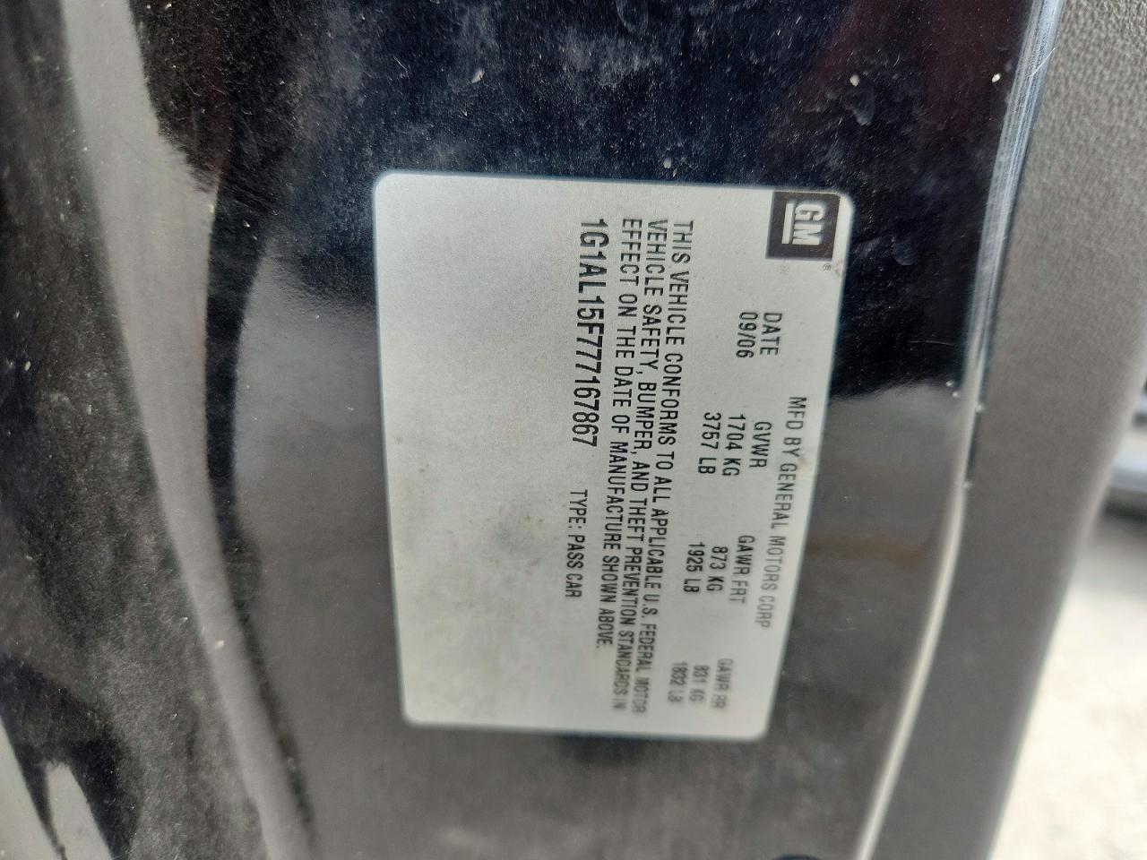 2007 Chevrolet Cobalt Lt Black vin: 1G1AL15F777167867