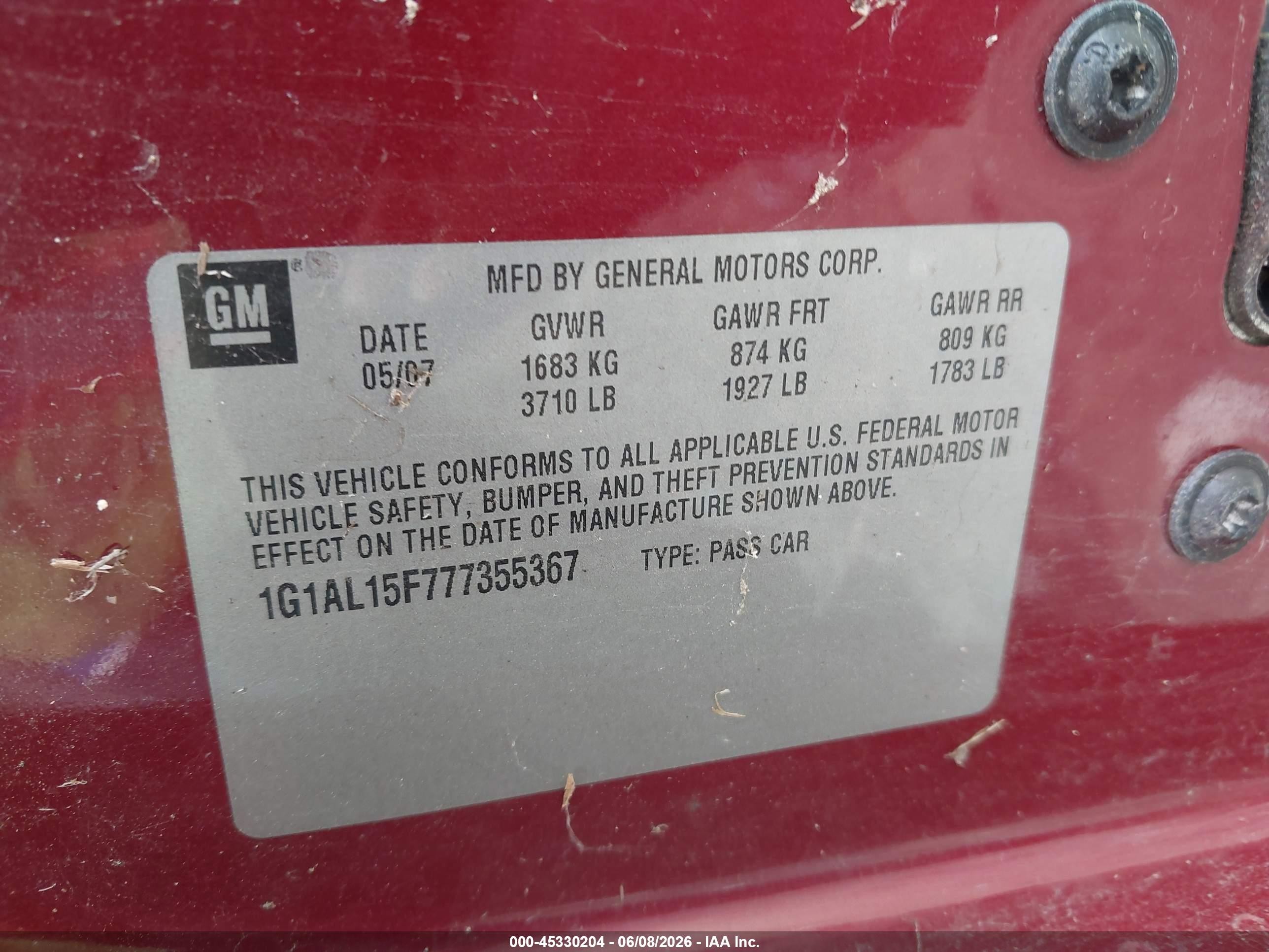 2007 Chevrolet Cobalt Lt Maroon vin: 1G1AL15F777355367