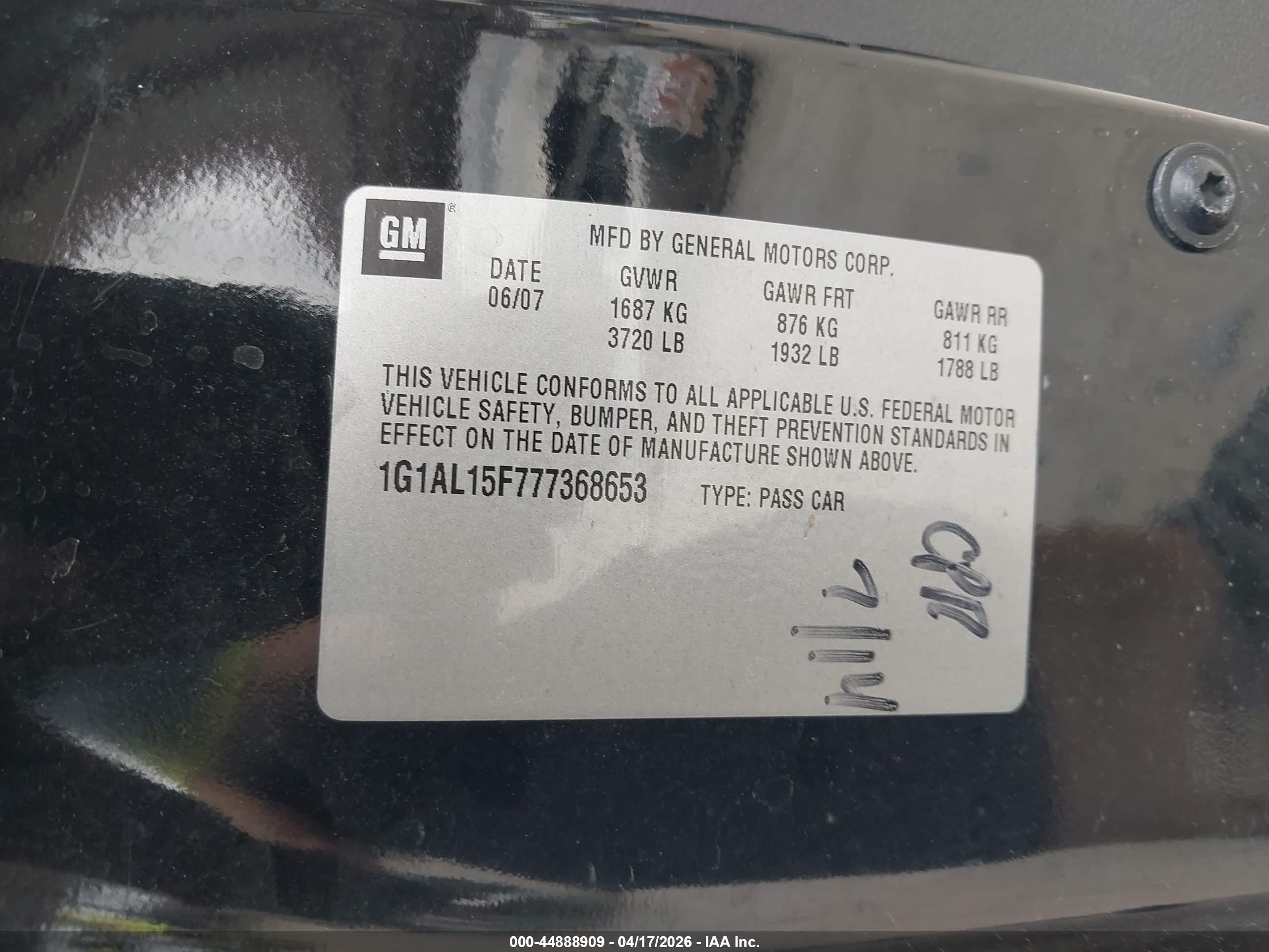 2007 Chevrolet Cobalt Lt Black vin: 1G1AL15F777368653