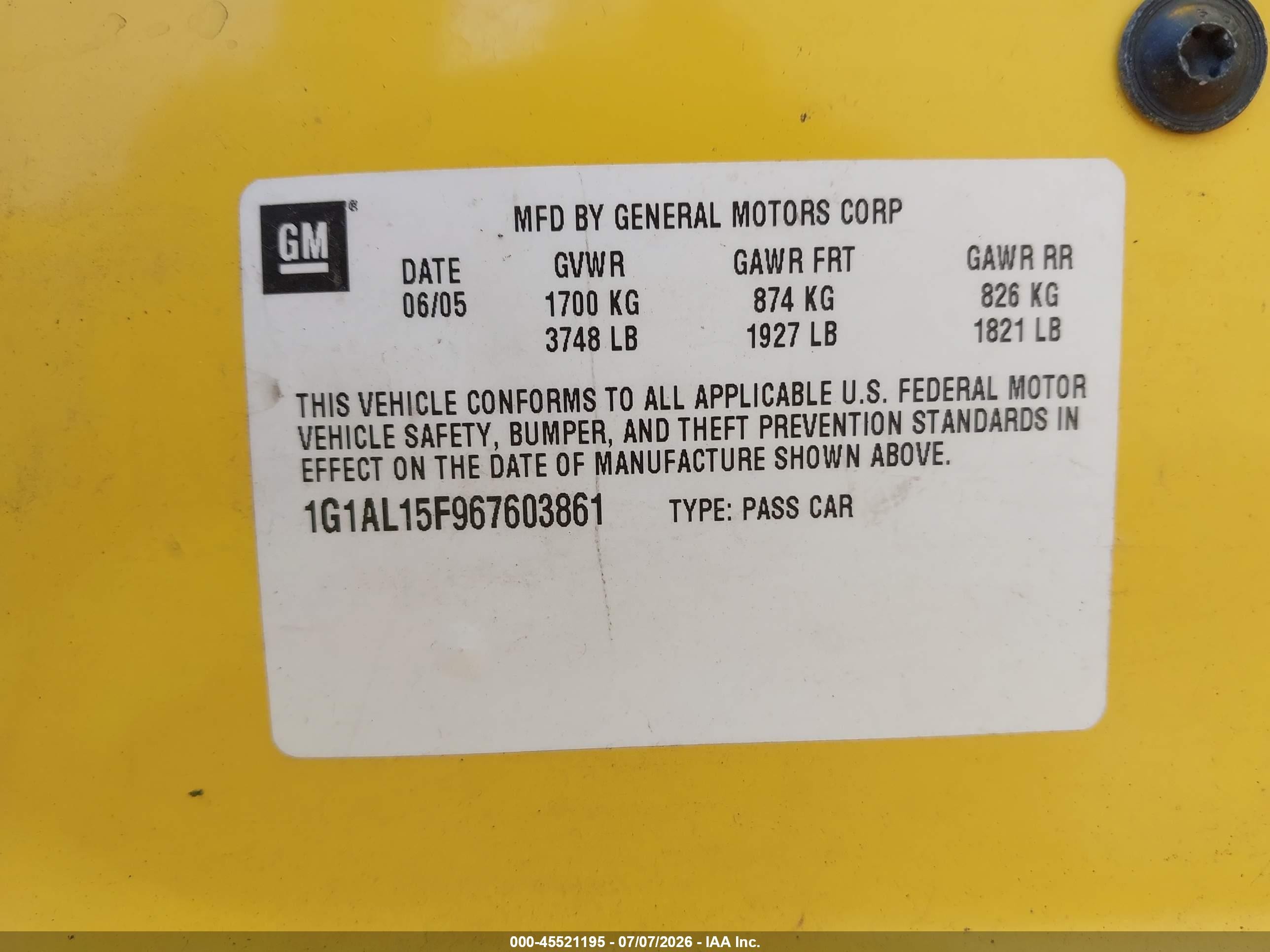 2006 Chevrolet Cobalt Lt Yellow vin: 1G1AL15F967603861