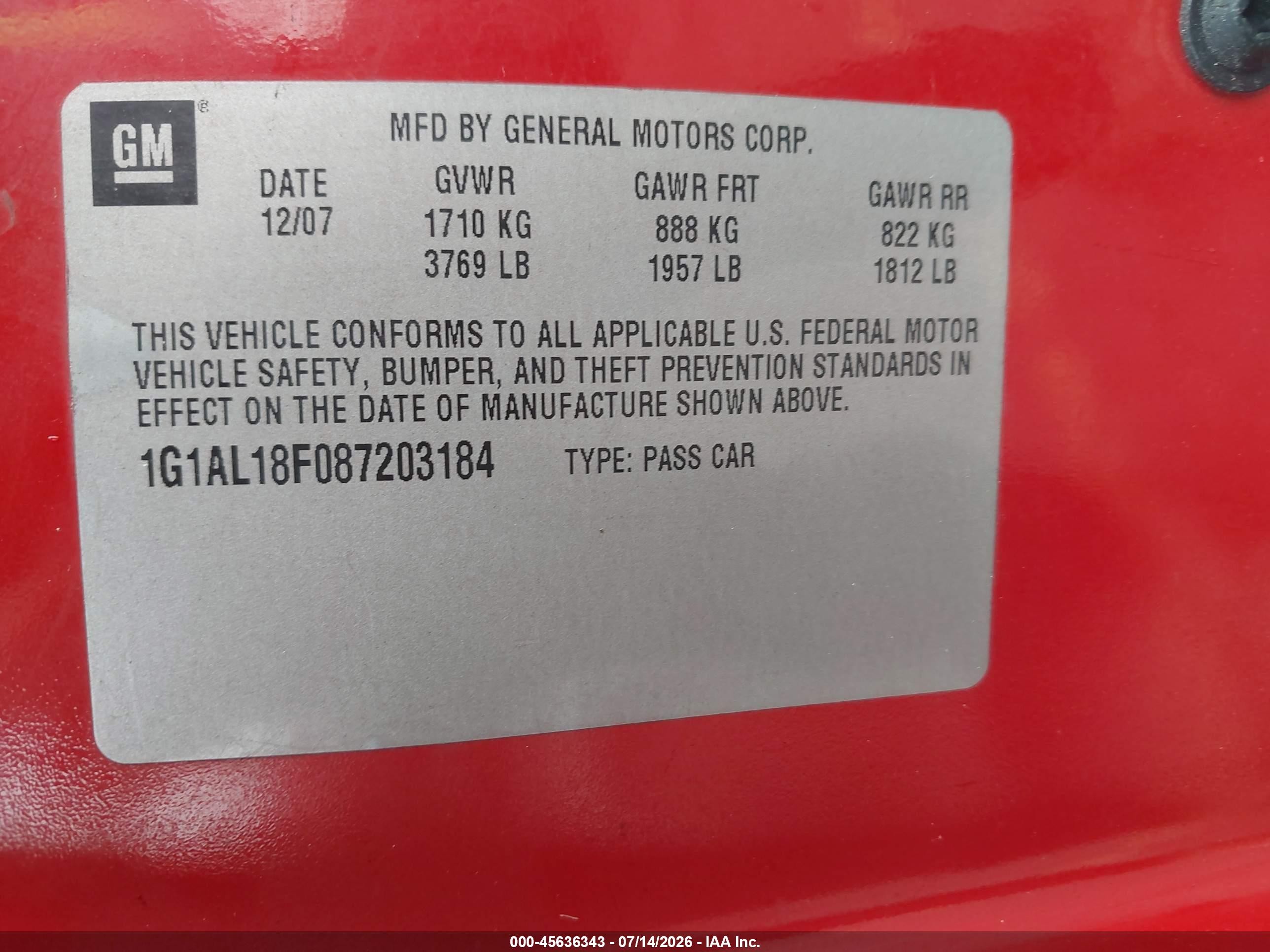 2008 Chevrolet Cobalt Lt Red vin: 1G1AL18F087203184