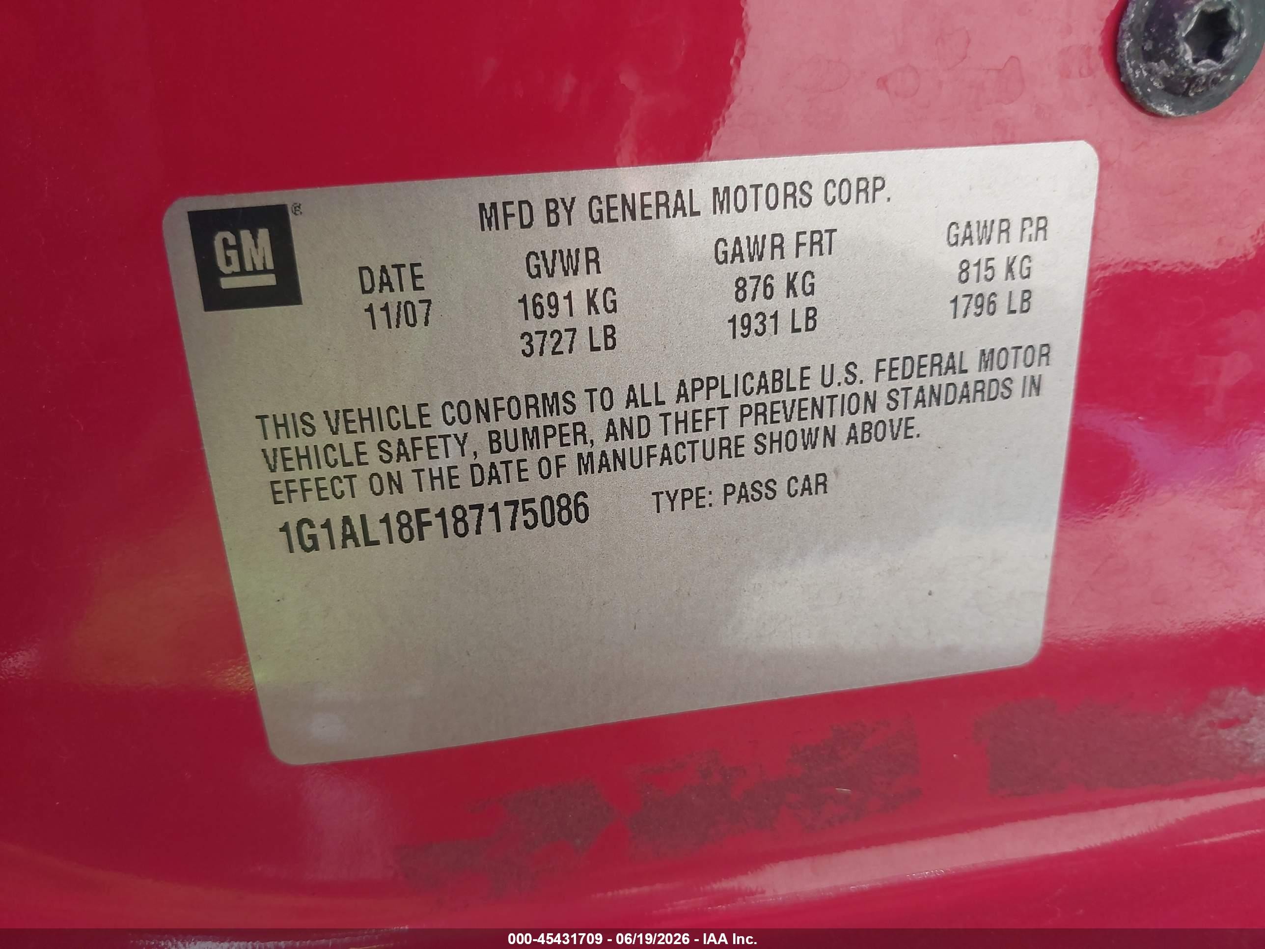 2008 Chevrolet Cobalt Lt Red vin: 1G1AL18F187175086