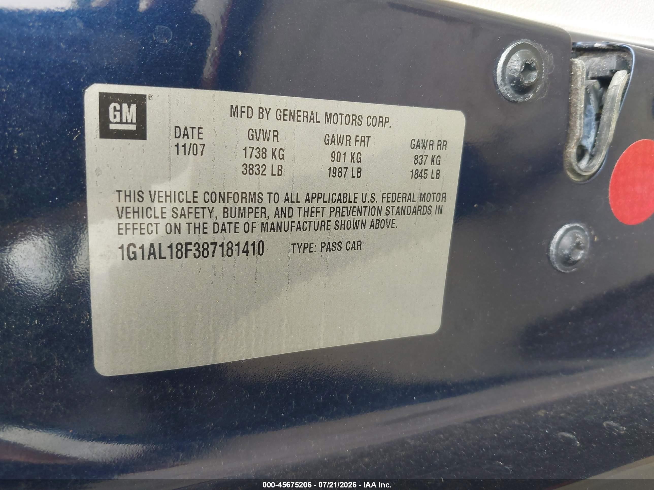 2008 Chevrolet Cobalt Lt Blue vin: 1G1AL18F387181410