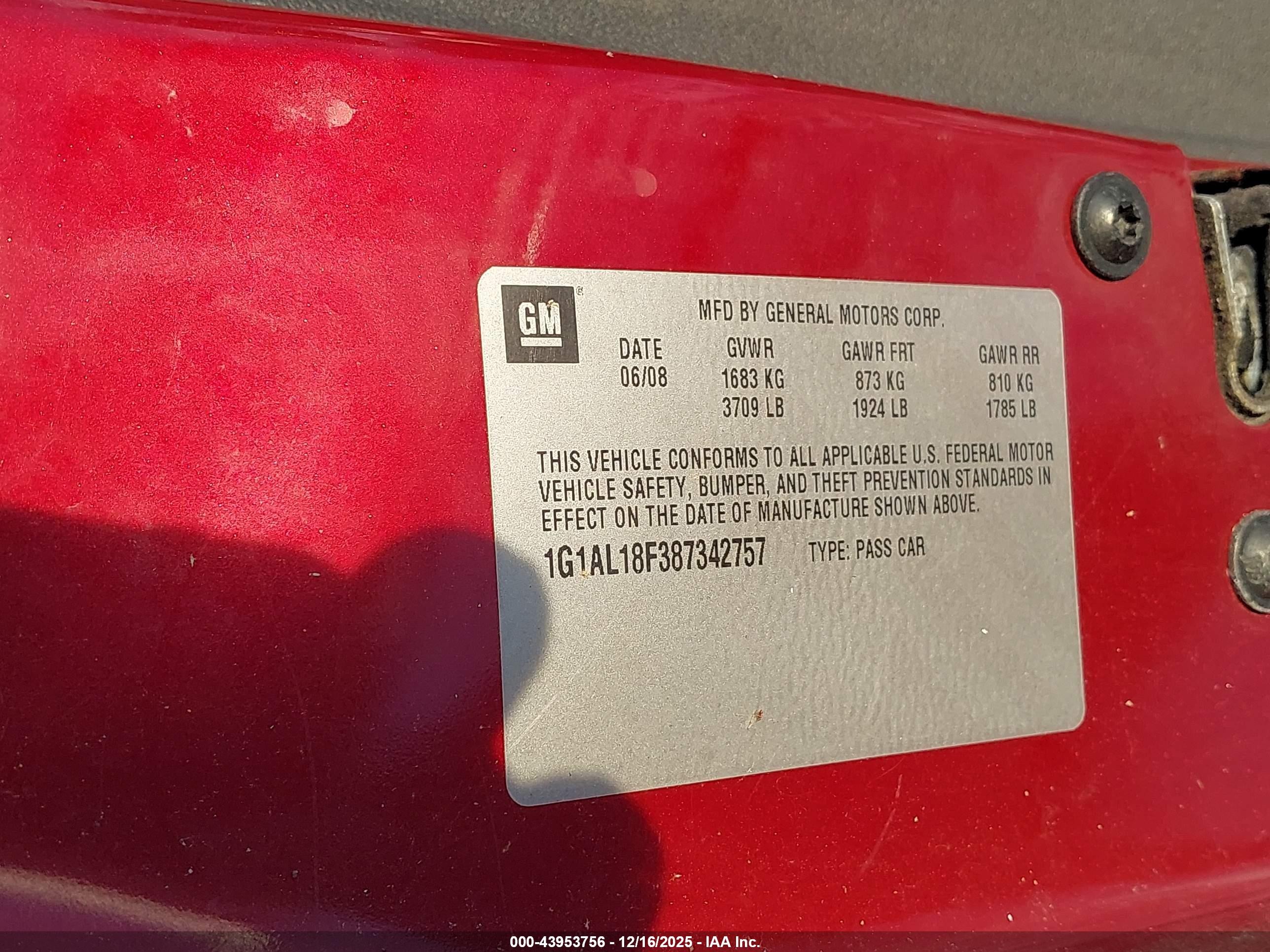 2008 Chevrolet Cobalt Lt Red vin: 1G1AL18F387342757