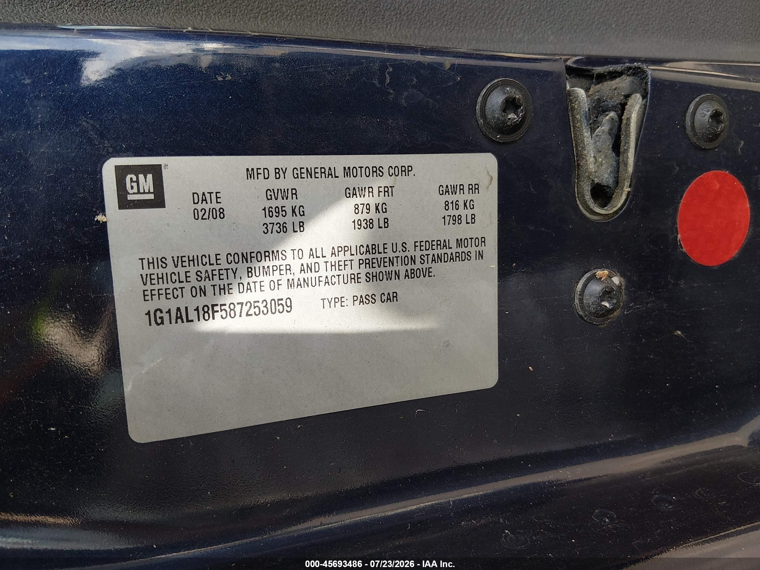 2008 Chevrolet Cobalt Lt Blue vin: 1G1AL18F587253059