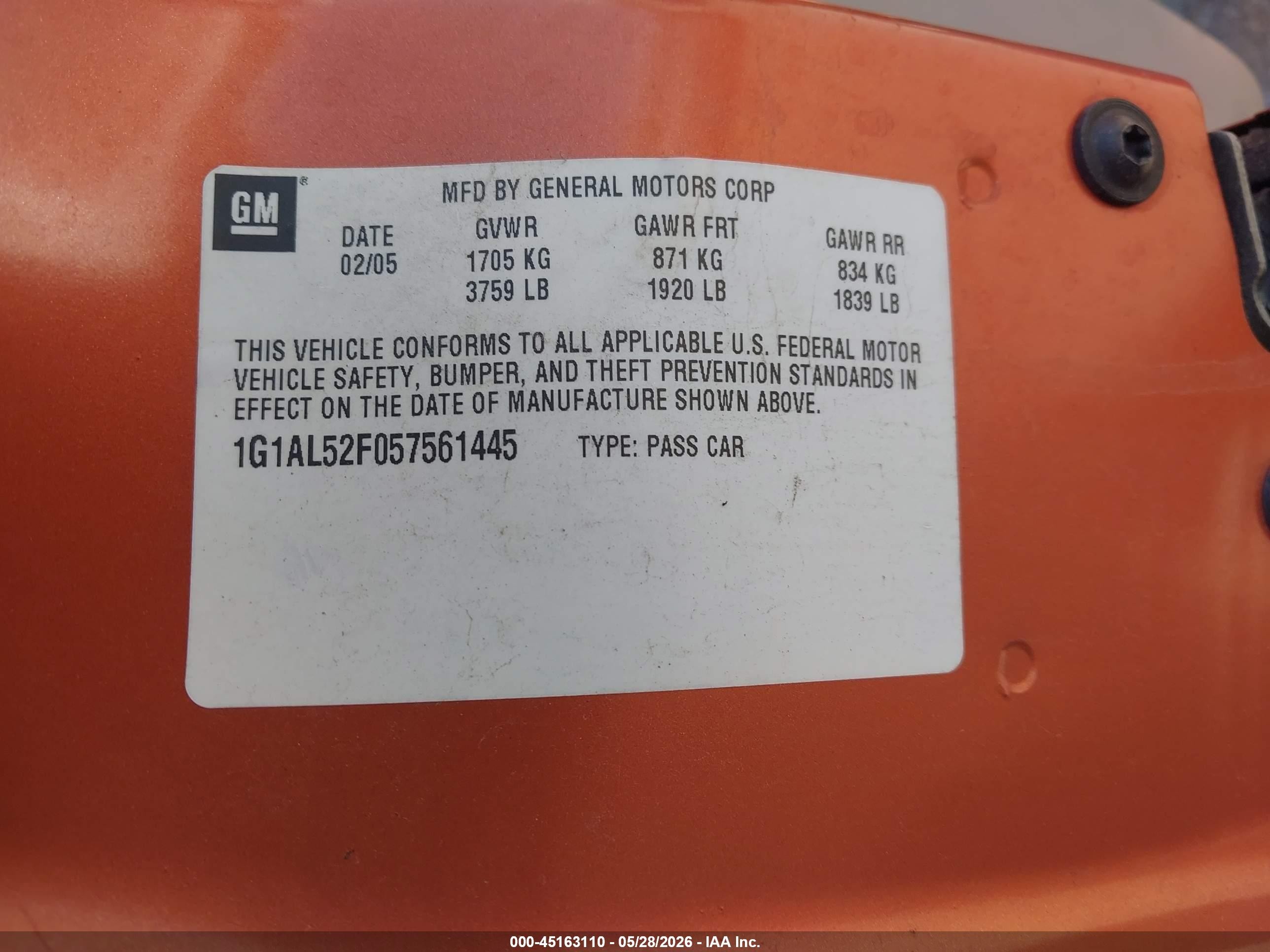 2005 Chevrolet Cobalt Ls Orange vin: 1G1AL52F057561445
