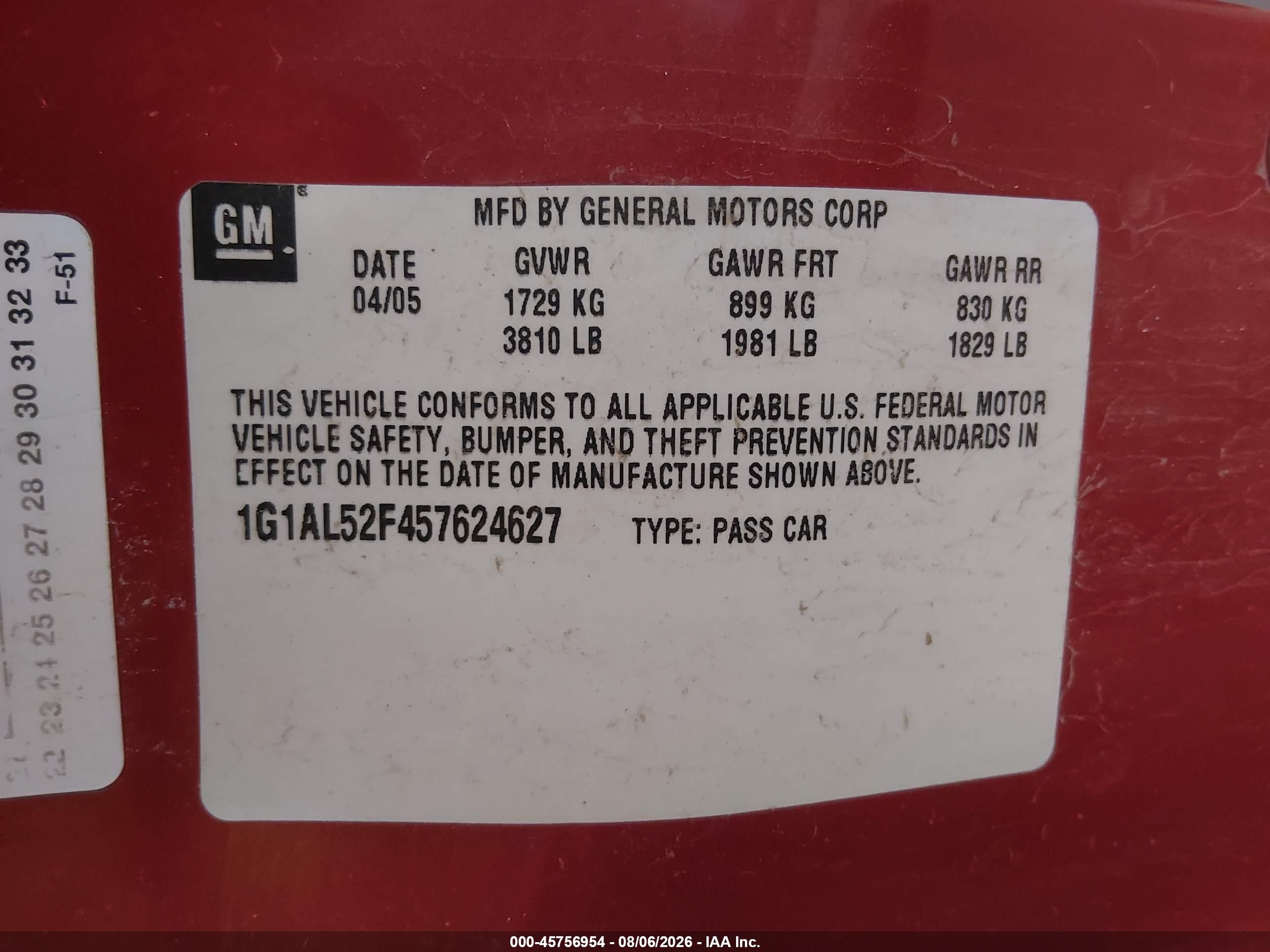 2005 Chevrolet Cobalt Ls Красный vin: 1G1AL52F457624627