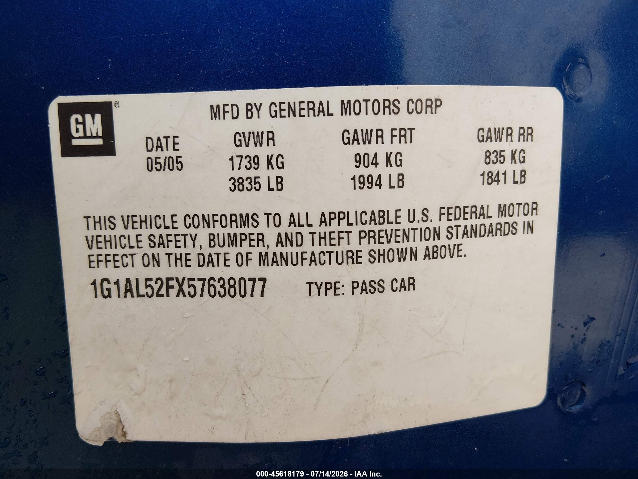 2005 Chevrolet Cobalt Ls Blue vin: 1G1AL52FX57638077