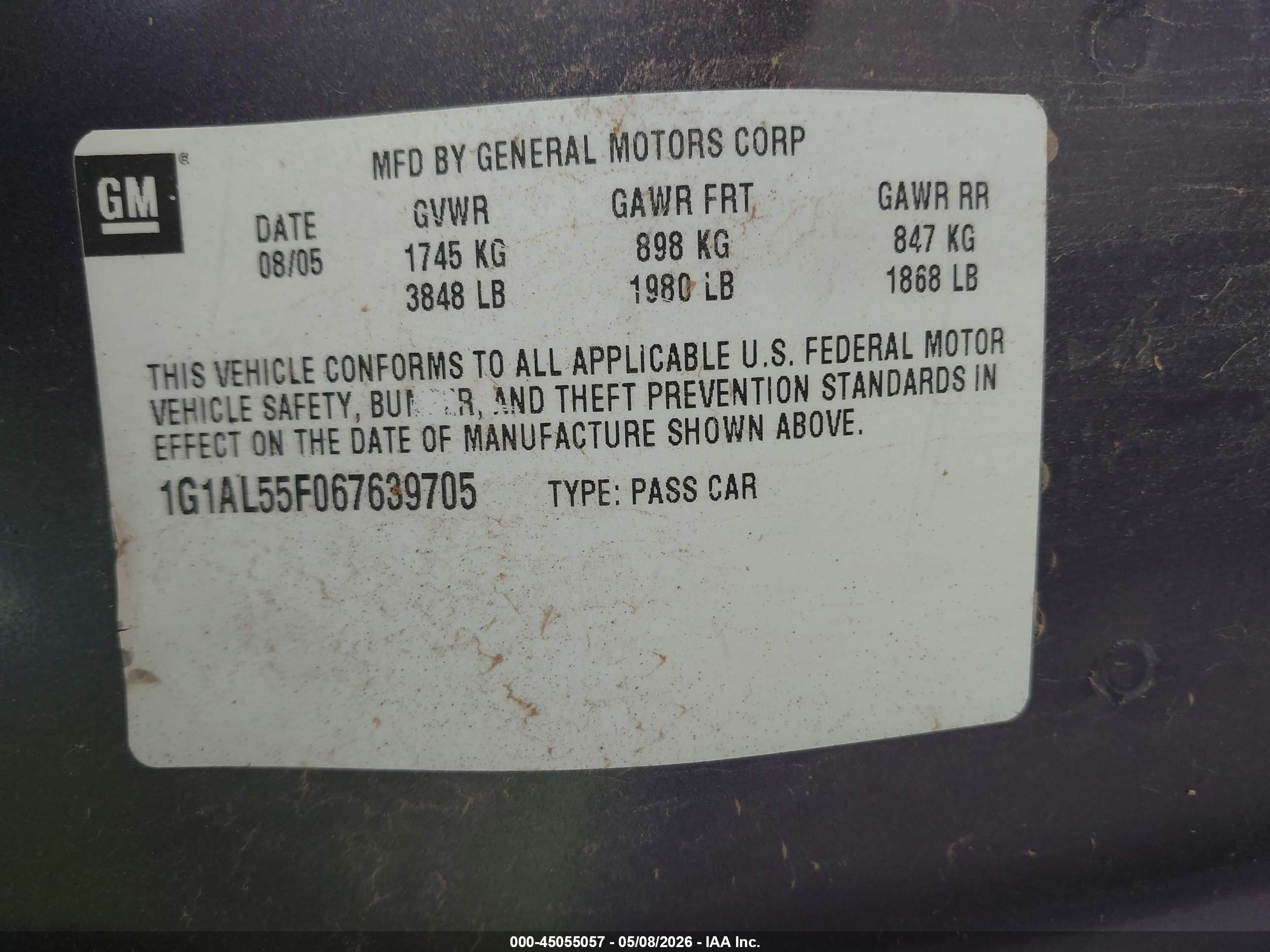 2006 Chevrolet Cobalt Lt Gray vin: 1G1AL55F067639705