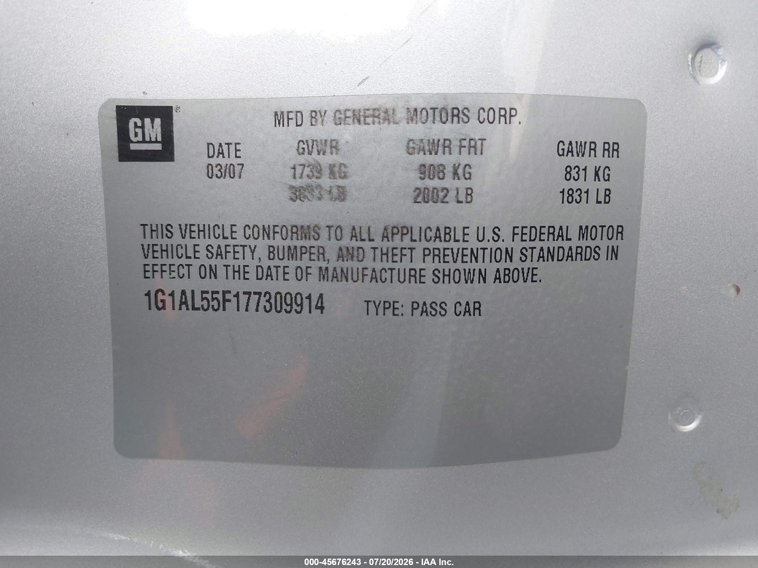 2007 Chevrolet Cobalt Lt Silver vin: 1G1AL55F177309914