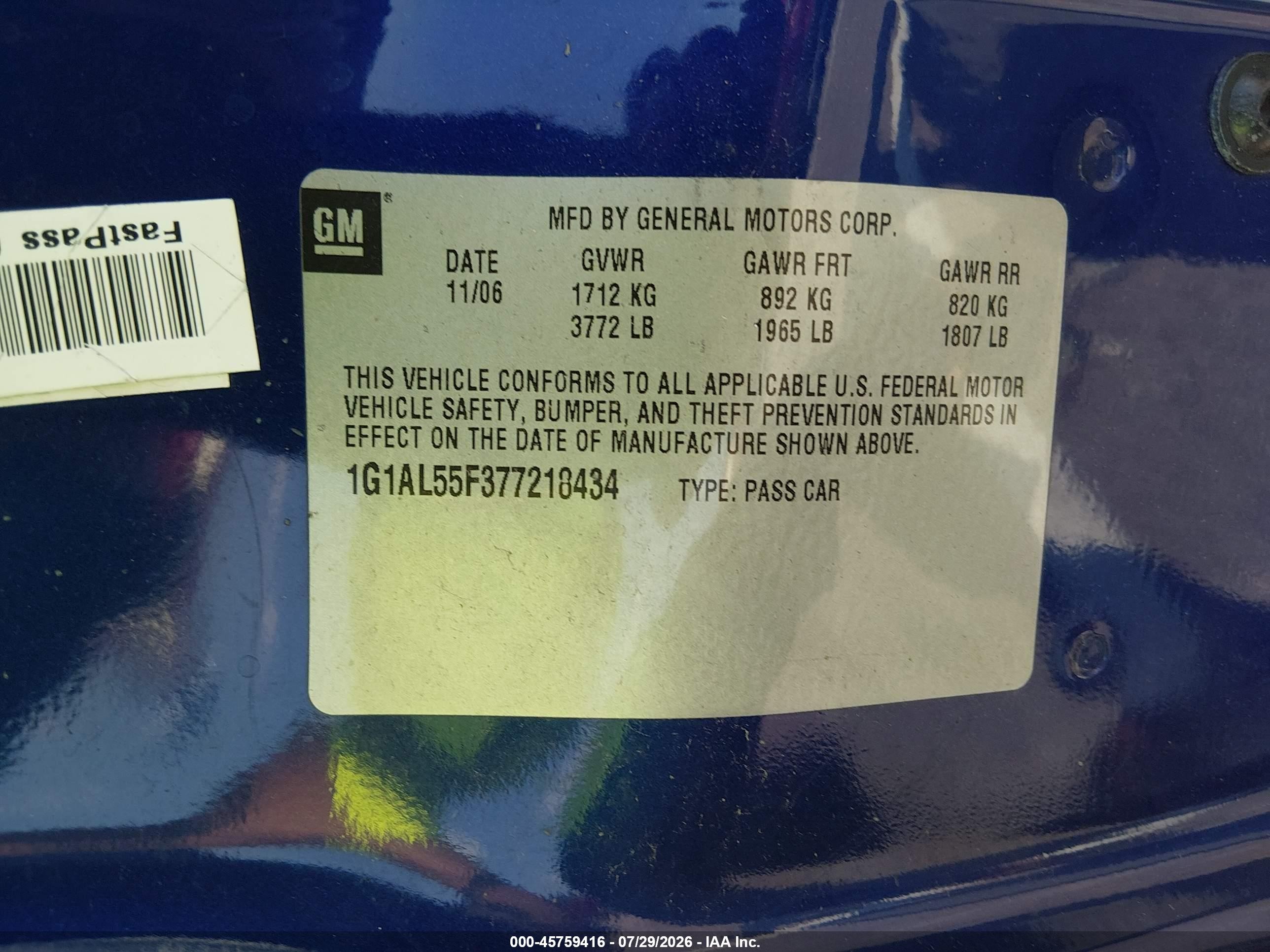 2007 Chevrolet Cobalt Lt Blue vin: 1G1AL55F377218434