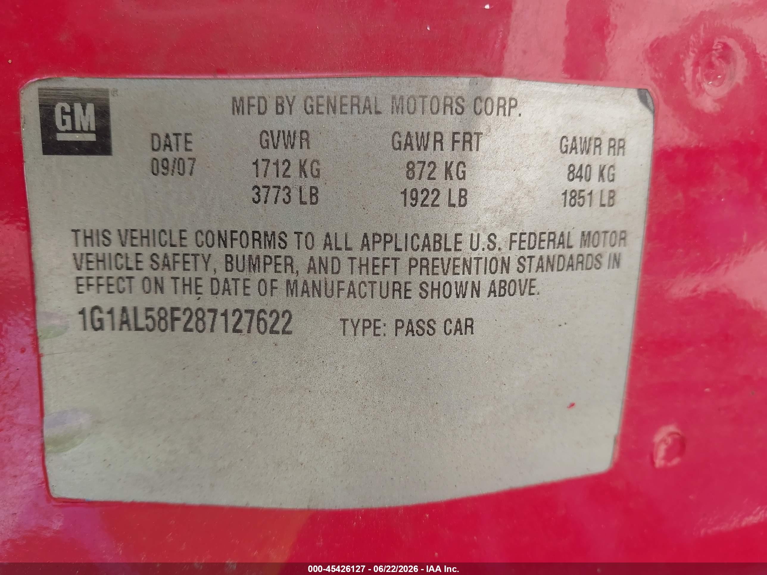 2007 Chevrolet Cobalt Lt Red vin: 1G1AL55F677127609