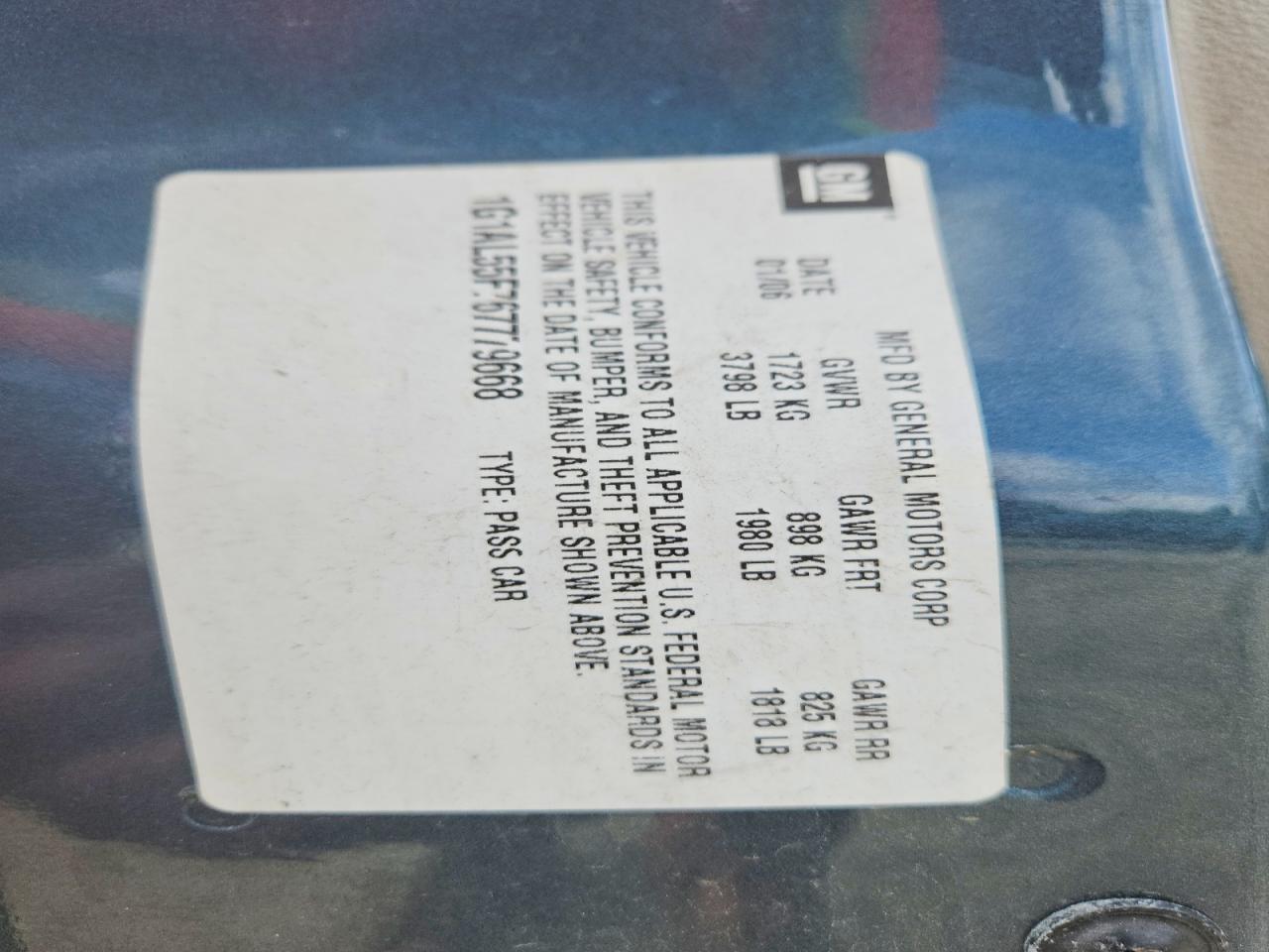 2006 Chevrolet Cobalt Lt Teal vin: 1G1AL55F767779668