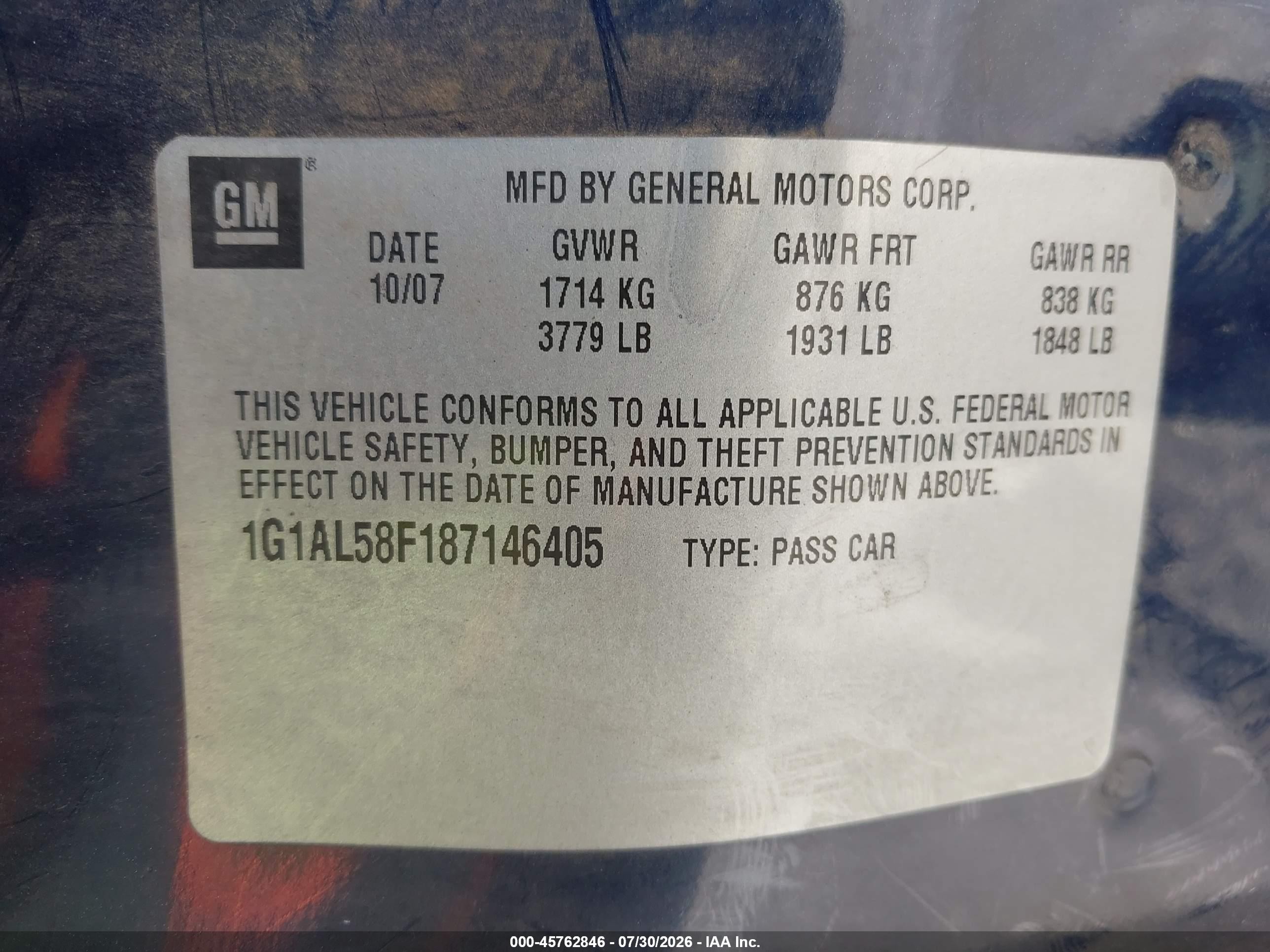 2008 Chevrolet Cobalt Lt Blue vin: 1G1AL58F187146405