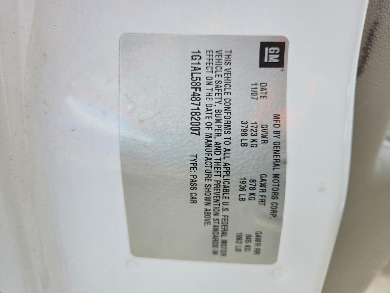 2008 Chevrolet Cobalt Lt White vin: 1G1AL58F487182007