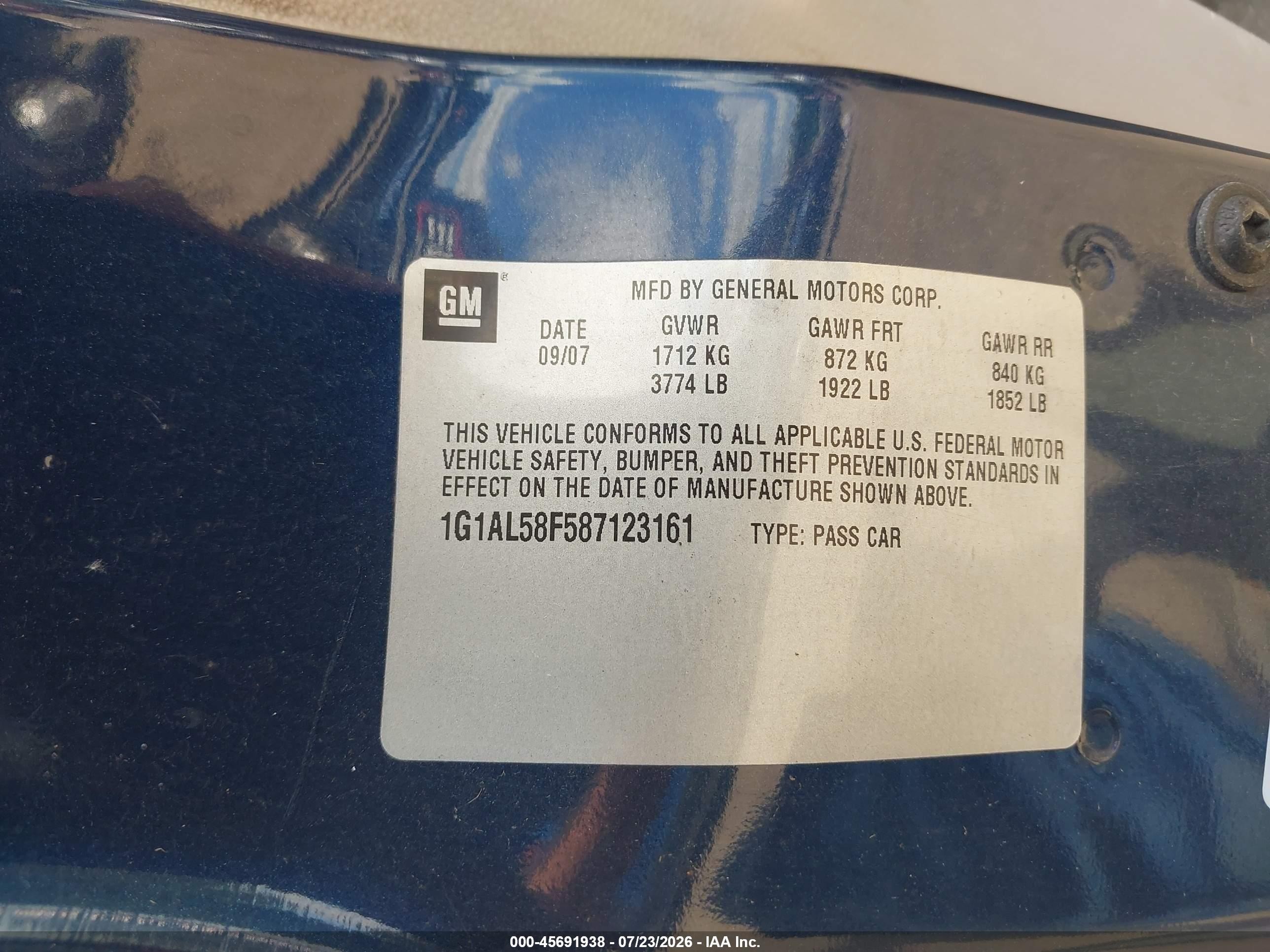 2008 Chevrolet Cobalt Lt Dark Blue vin: 1G1AL58F587123161